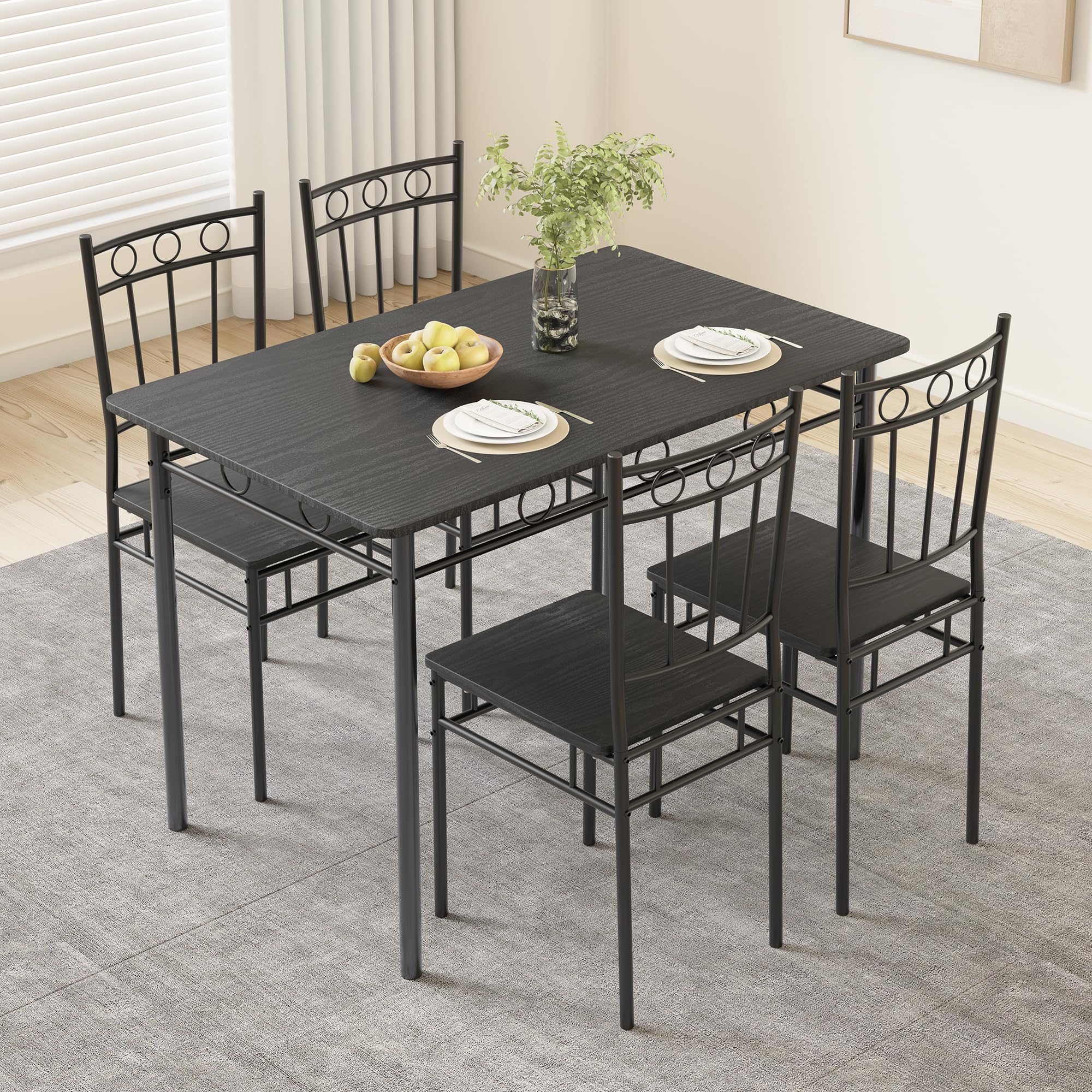 5-Piece Retro Black Dining Table Set for 4 - Rectangular Kitchen Table with 4 Chairs - Space-Saving Apartment Furniture for Small Spaces, Dinettes & Compact Homes - Perfect for Breakfast Nooks, Studio Apartments & Cozy Dining Areas