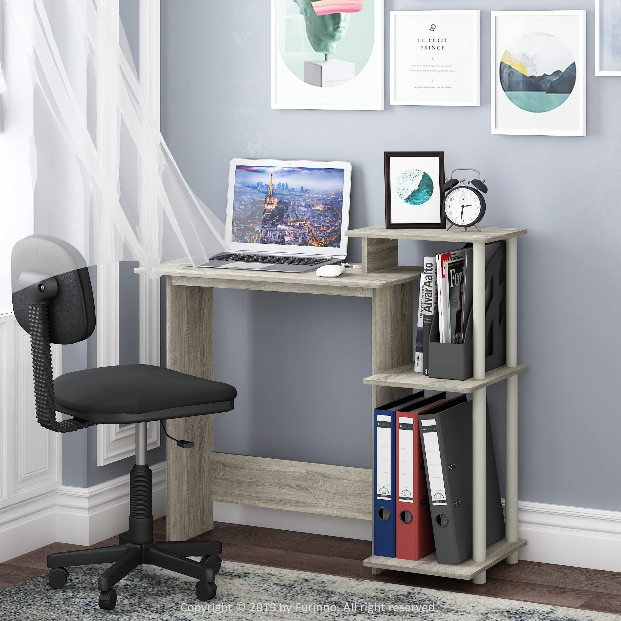 Furinno Compact Home Office Desk with Square Shelves - Sonoma Oak & White Finish | Perfect for Small Spaces, Dorm Rooms, and Workspaces - Laptop Computer Desk with Storage