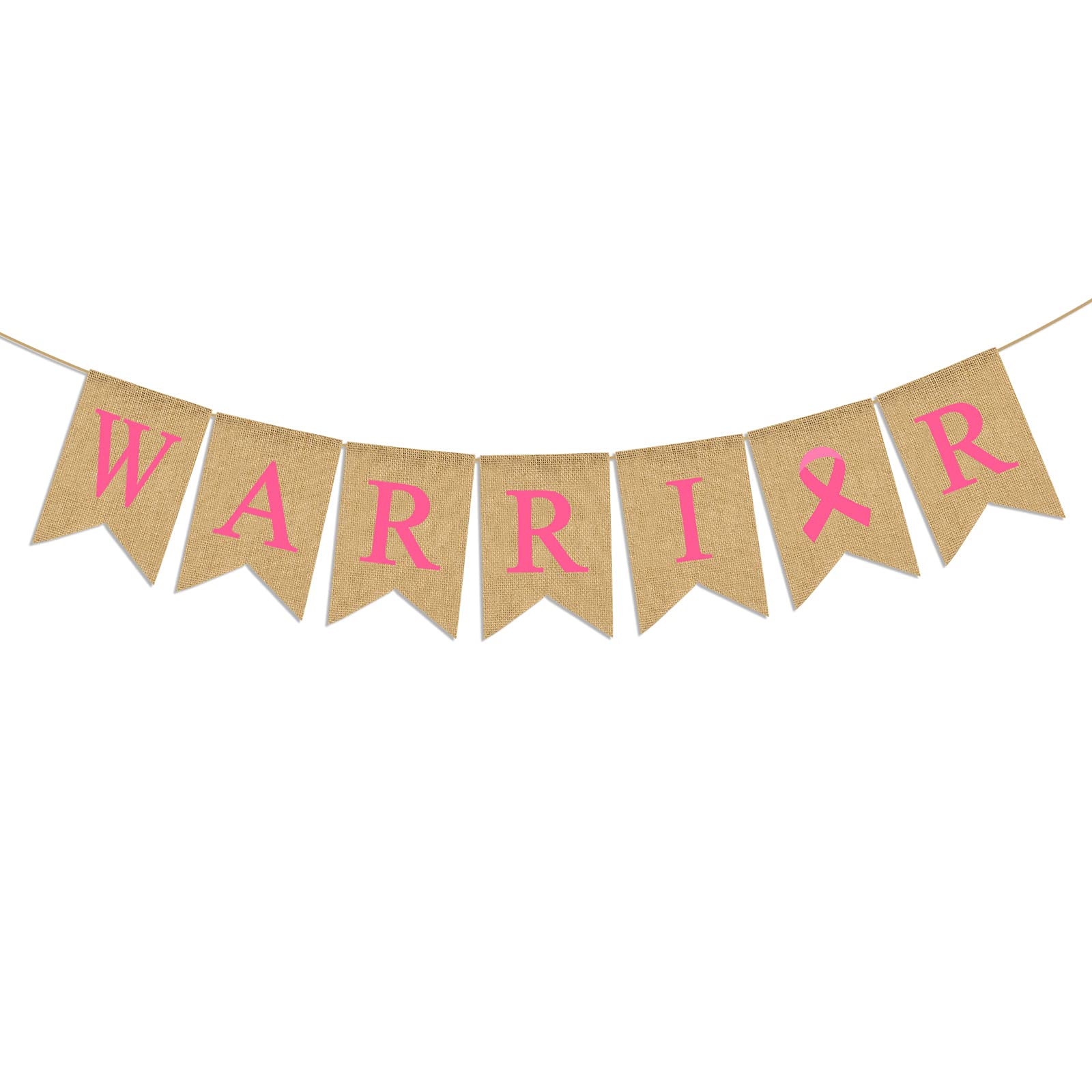 Pudodo Jute Burlap Warrior Banner - Pink Ribbon Breast Cancer Awareness Decor for Fireplace, Mantel & Rustic Home Decor - Inspirational Gift for Survivors & Supporters
