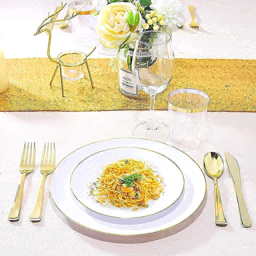 Premium Gold Plastic Plates & Silverware Set - 7.5inch & 10.25inch Nervure 100CPS Plates with 300CPS Gold Plastic Cutlery - Elegant Disposable Tableware for Parties, Weddings, and Special Events