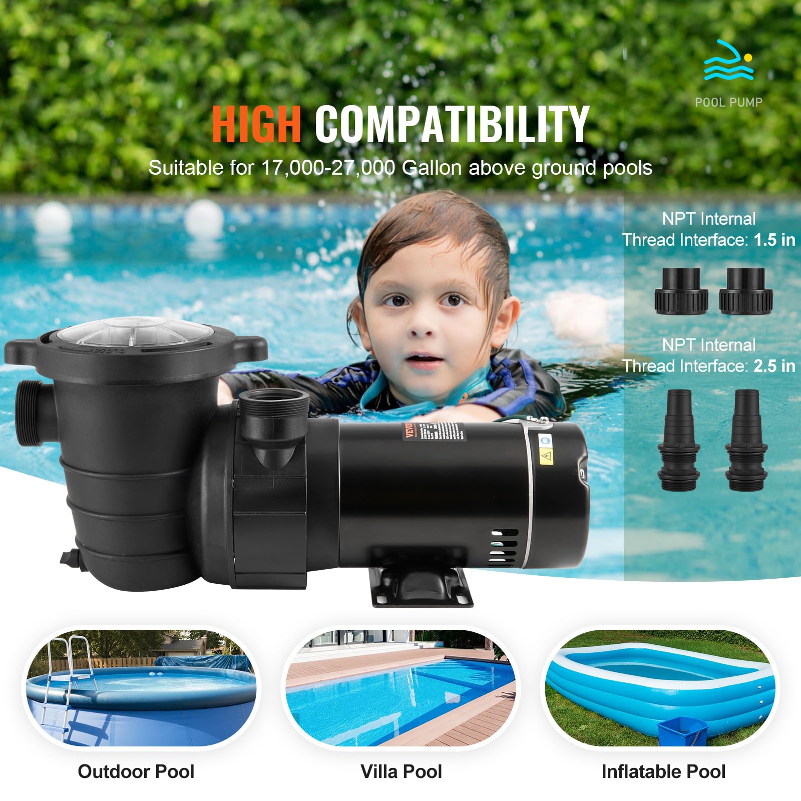 VEVOR 1HP Above Ground Pool Pump, 80 GPM Max Flow Single Speed Swimming Pool Pump, 120V 3450 RPM with Filter Basket - Ideal for Above Ground Pools, Hot Tubs, Spas, Backyard Water Features & Summer Pool Maintenance