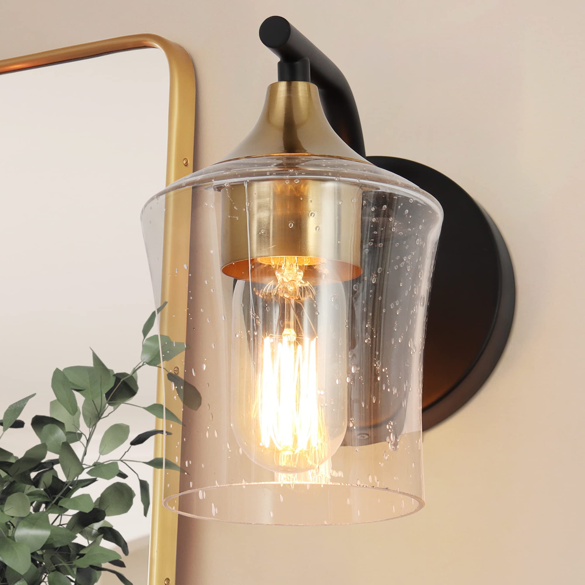 ZEVNI Modern Farmhouse Wall Sconces - Black & Gold 1-Light Vanity Lighting with Seeded Glass Shade | Perfect for Bedroom, Bathroom, Hallway & Entryway Decor