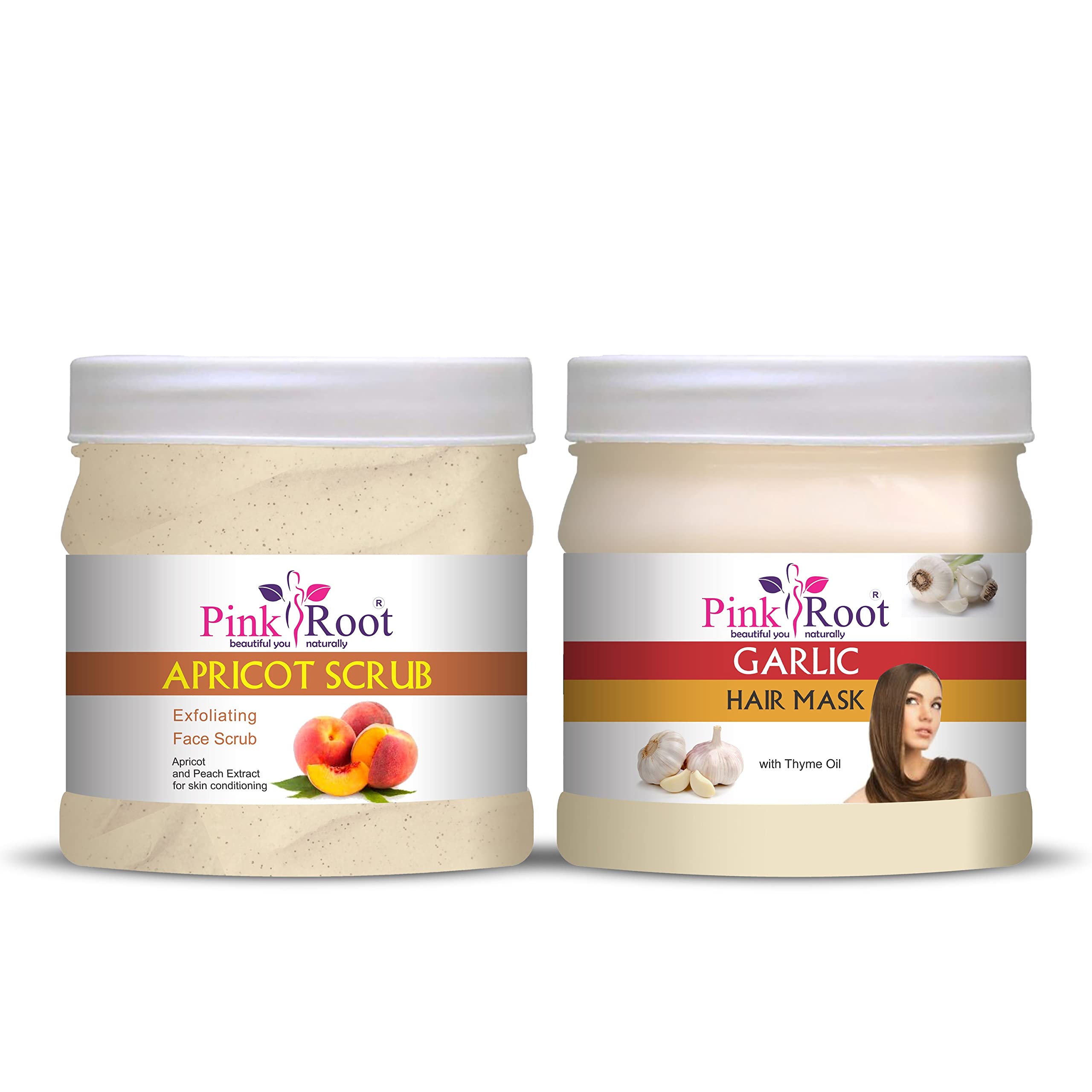 Pink Root Apricot Scrub 500g & Garlic Hair Mask 500g - Natural Exfoliating Face Scrub & Deep Conditioning Hair Treatment for Glowing Skin & Stronger Hair - Perfect for Daily Skincare & Haircare Routine