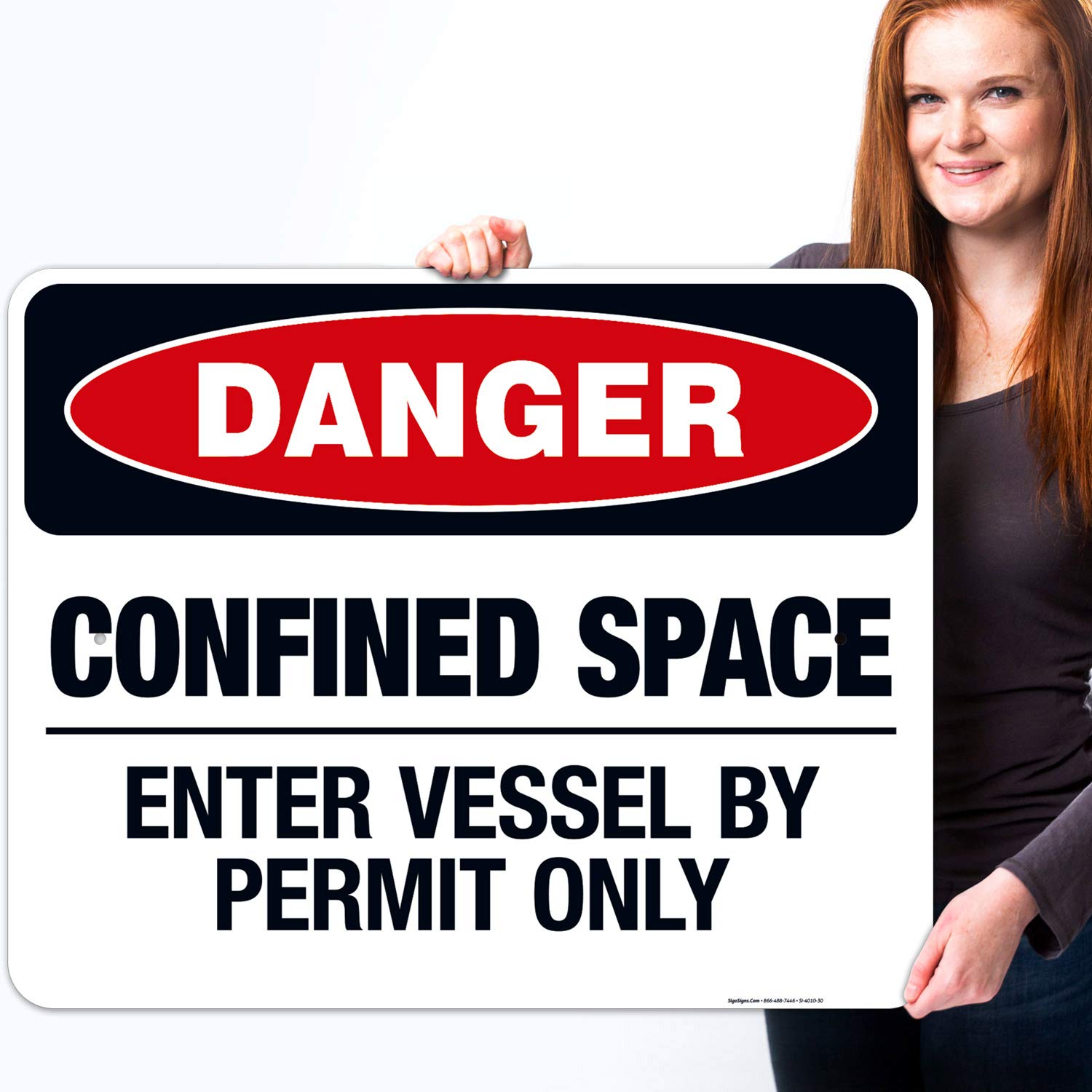 Danger Confined Space Enter Vessel by Permit Only Sign - OSHA Approved 24x30 Inches Rust-Free .063 Aluminum Safety Sign - Fade Resistant for Indoor/Outdoor Use - Made in USA - Perfect for Construction Sites, Industrial Facilities & Hazardous Work Areas