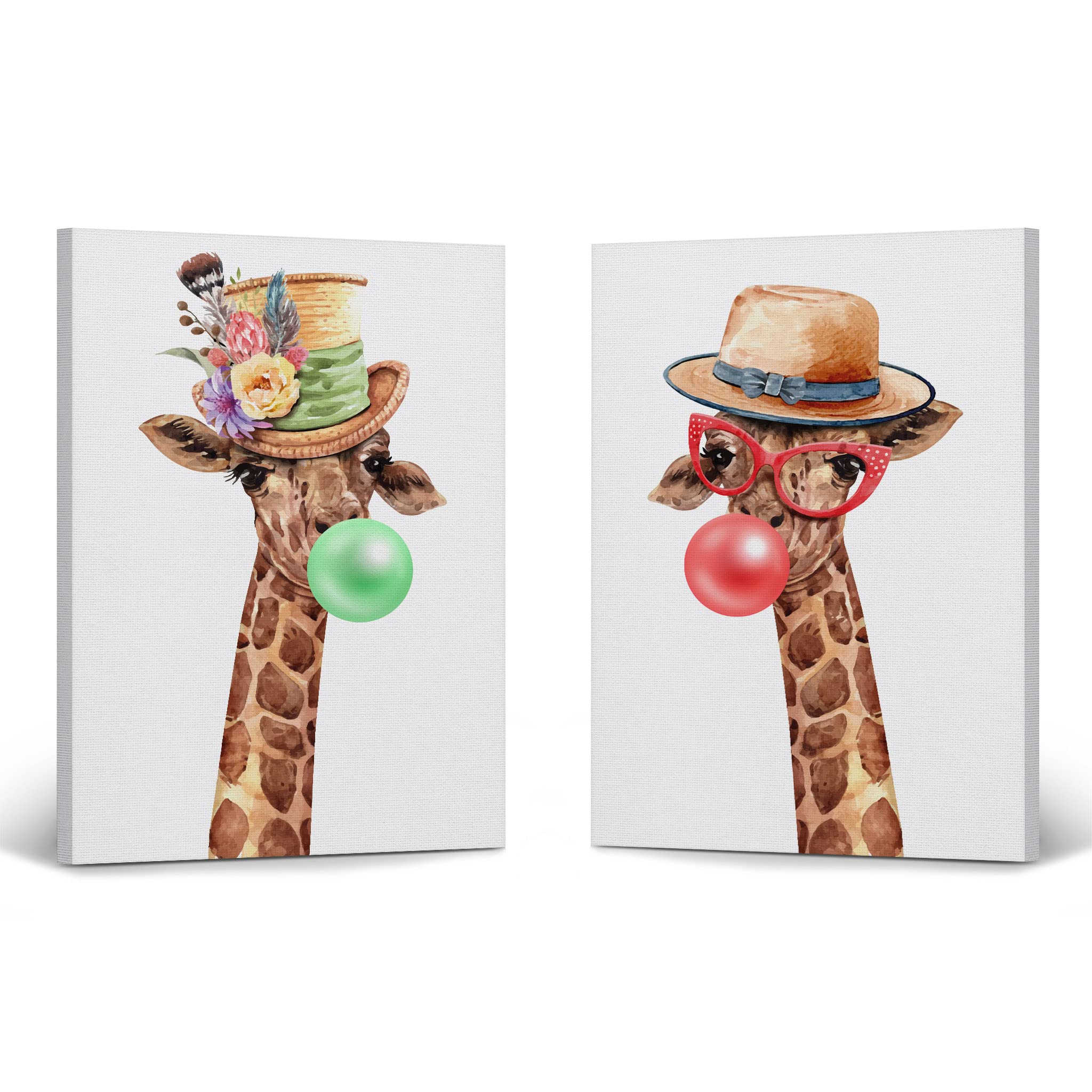 Smile Art Design Giraffe Portrait with Flowered Hat Chewing Bubble Gum - 2 Piece Canvas Wall Art Set, Animal Pop Art for Living Room, Bedroom, Nursery & Kids Room Decor (22x15 Inches) - Perfect for Modern Home, Office & Gift Giving