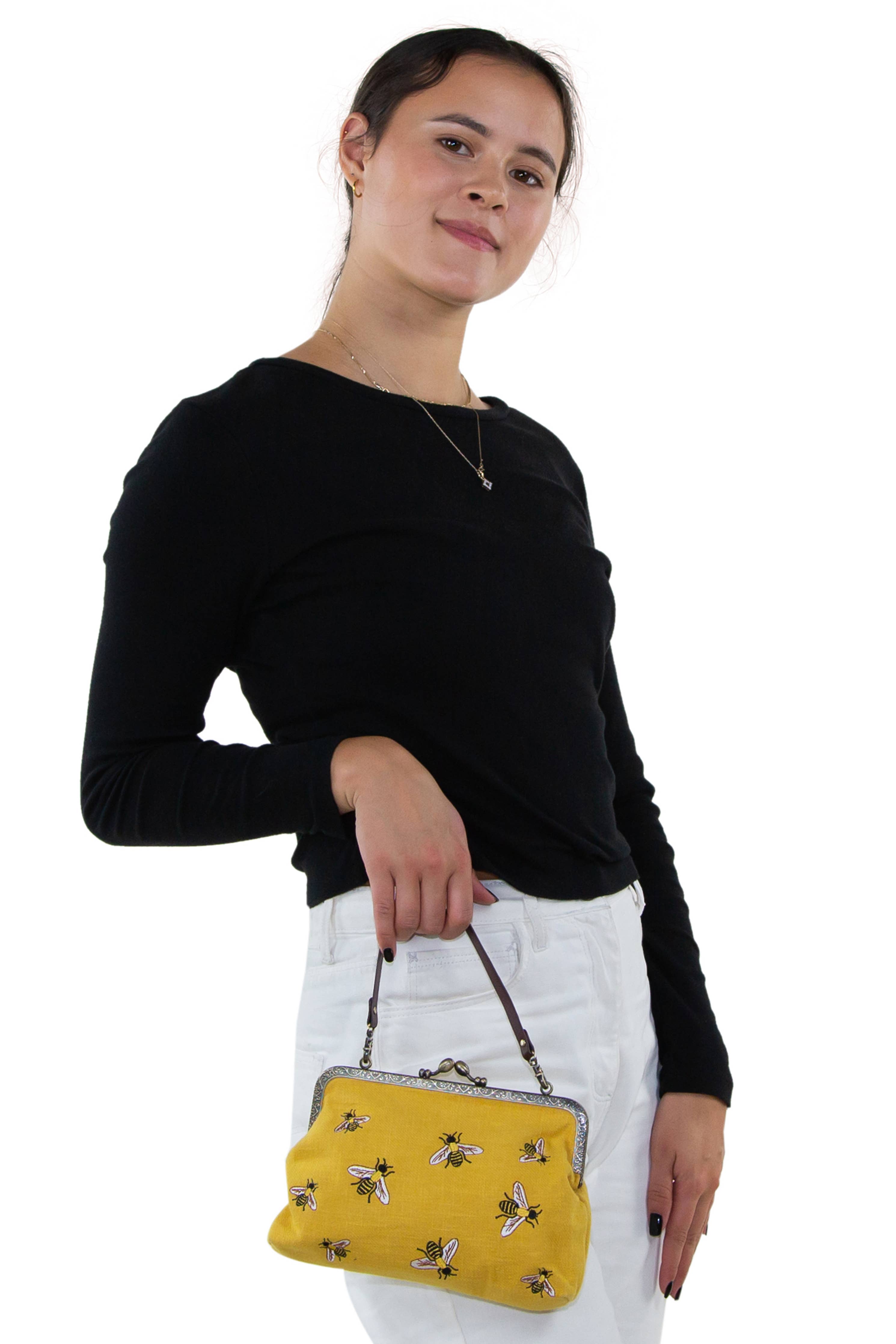 Bees Kisslock Handbag for Women - Vintage Style Black Leather Crossbody Purse with Gold Hardware | Perfect for Date Night, Office & Evening Events
