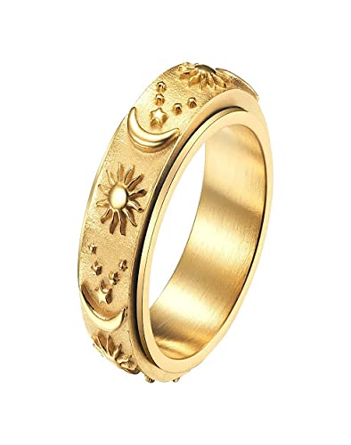 Gold Stainless Steel Anxiety Relief Ring with Swivel Design - Sun Moon Star Symbol for Engagement, Wedding & Bridal Jewelry - Perfect for Stress Relief, Commitment & Romantic Occasions