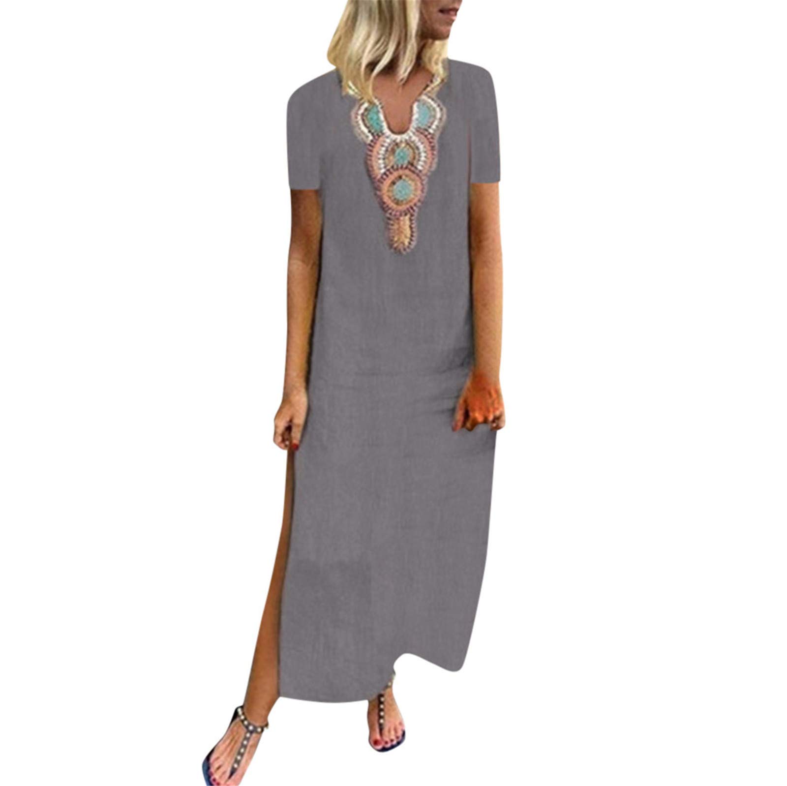 ETHKIA Women's Summer V-Neck Floral Print Long Dress - Casual Beachwear, Vacation Outfit & Party Wear for Women