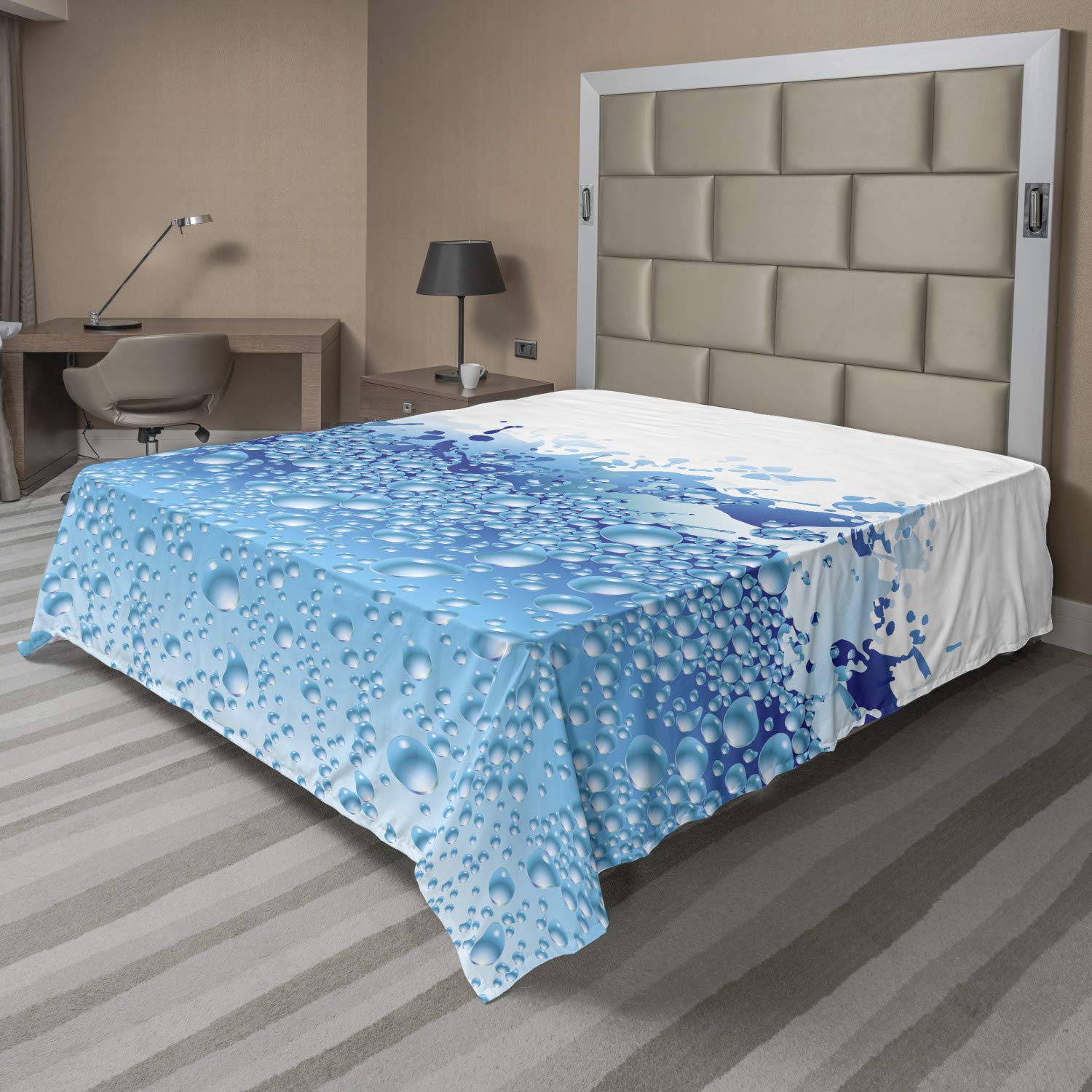 Ambesonne Modern Queen Size Flat Sheet - Aquarium Water Bubbles Splashes Art Print, Soft Comfortable Decorative Bedding (Dark Blue & Sky Blue) for Home, Hotel, Guest Room & Dormitory Decor