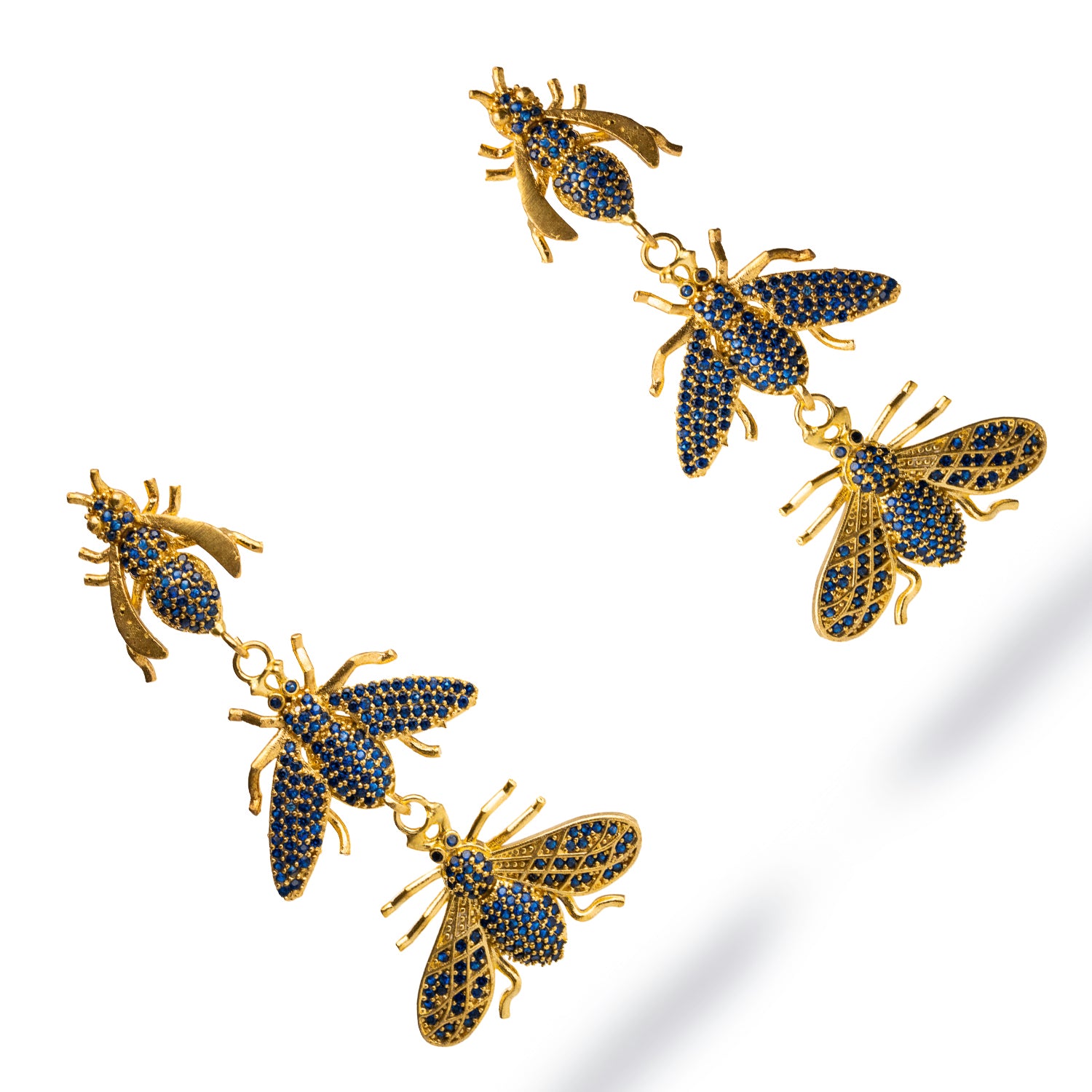 Queen Bee Sapphire & Gold Dangle Earrings - Elegant Trio Jewelry for Women | Perfect for Parties, Weddings & Special Occasions