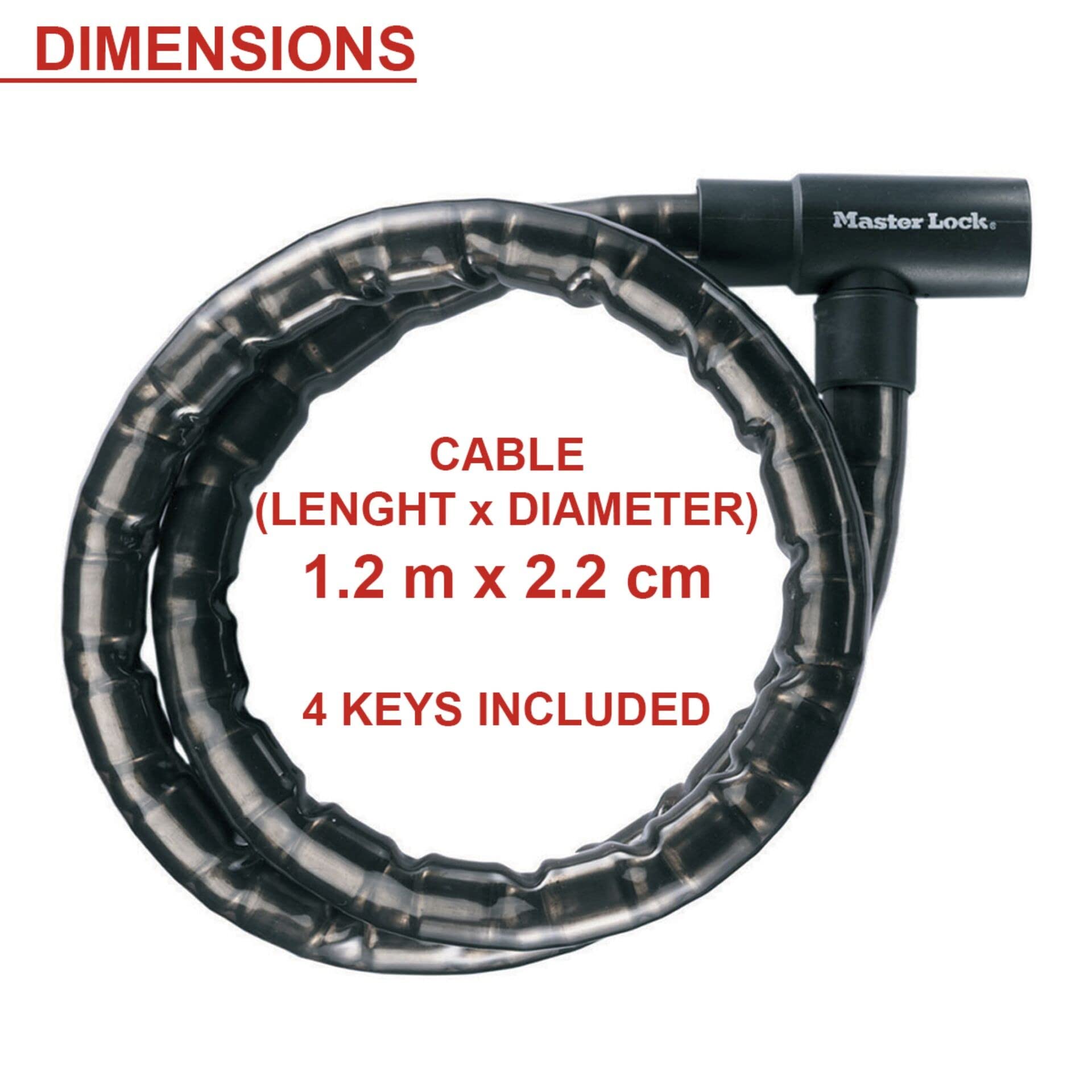 Master Lock 8115EURDPS Motorbike & Bicycle Cable Lock - 1.2m Armored Steel Security with Key - Weatherproof Outdoor Use for Parking, Commuting & Travel Protection