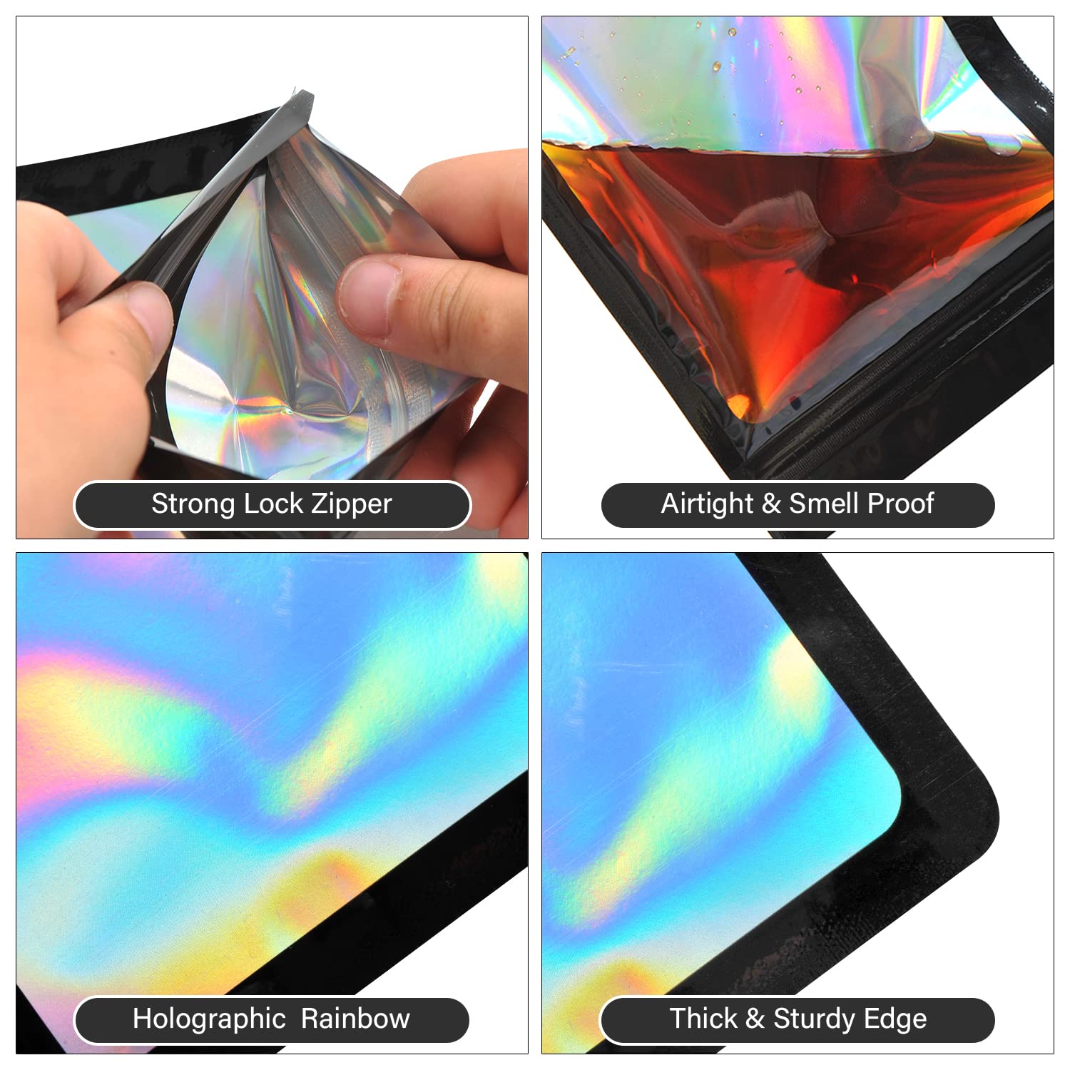 100-Pack 4×6 Inch Resealable Mylar Bags - Holographic Stand-Up Pouches for Jewelry, Candy, Food Samples, Party Favors & Small Business Packaging (Black) | Perfect for Gift Packaging, Retail Display & Bulk Storage