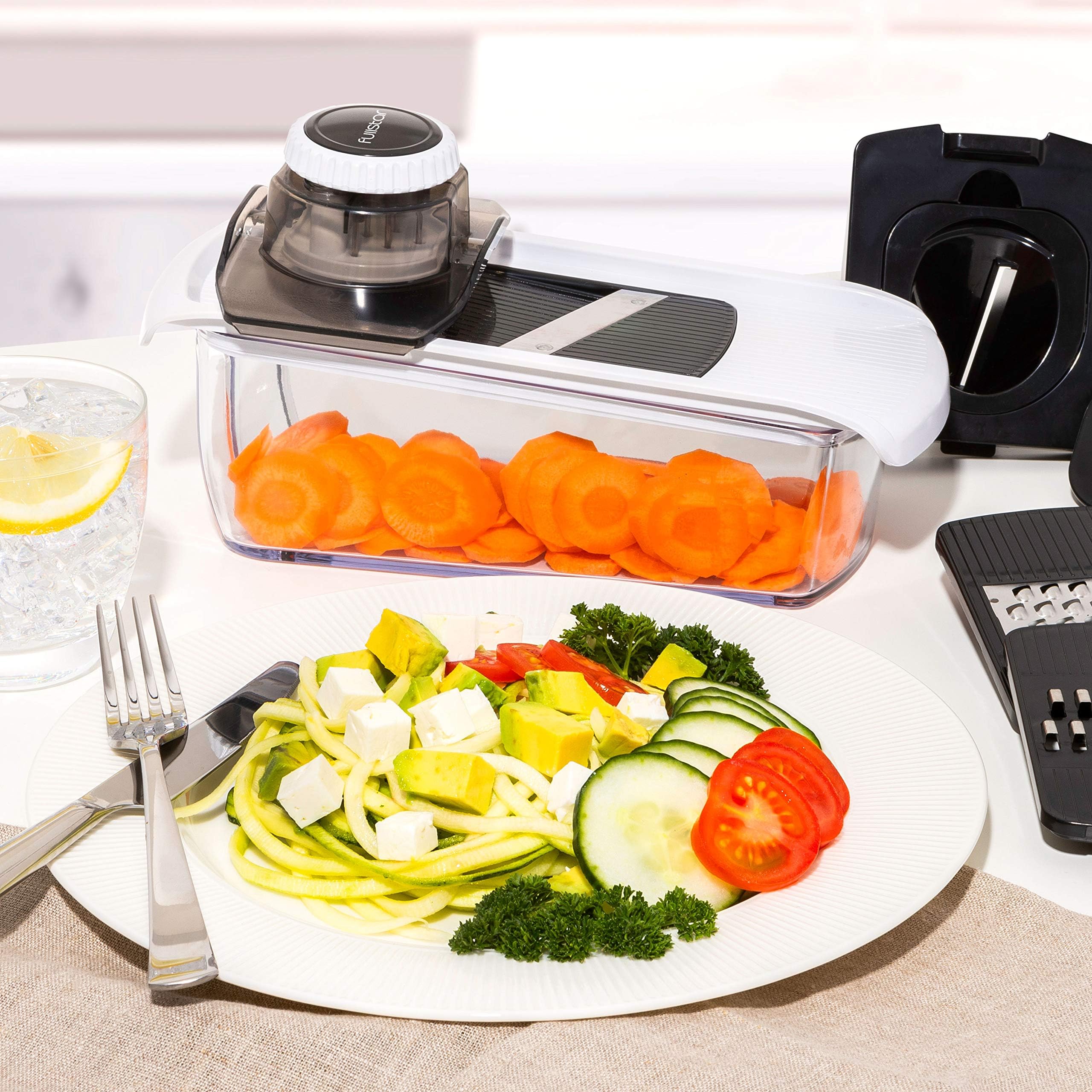 Fullstar 6-in-1 Mandoline Slicer for Kitchen - Vegetable Spiralizer, Cheese Grater, Fruit & Cucumber Slicer with Safety Glove - Perfect for Meal Prep, Salad Making & Healthy Cooking (White)
