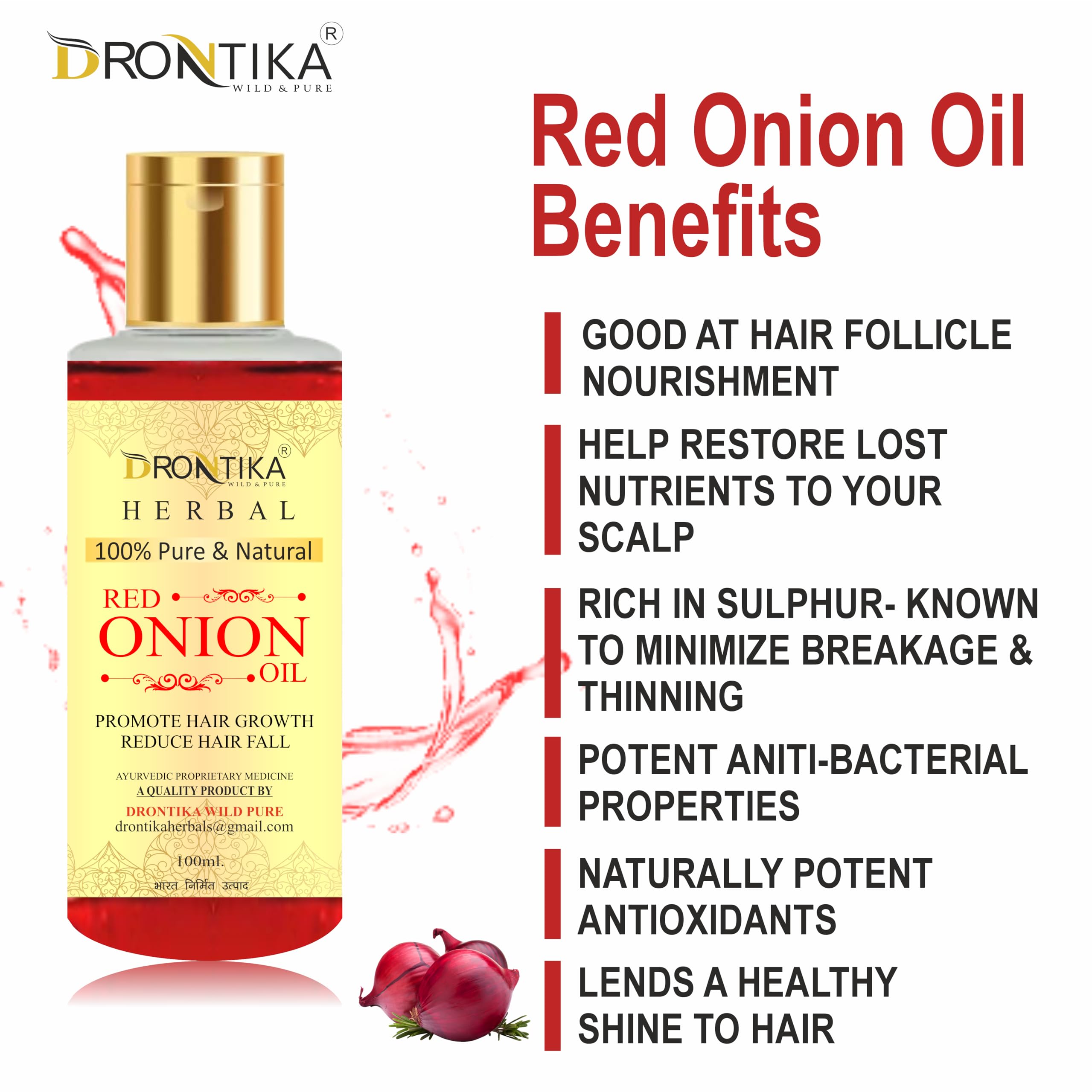 Drontika 100% Pure & Natural Red Onion Oil, Curry Leaves & Fenugreek Oil, Kalonji Oil - Hair Growth Treatment Pack of 3 (300ml) for Thicker, Longer & Healthier Hair - Perfect for Daily Hair Care & Scalp Nourishment