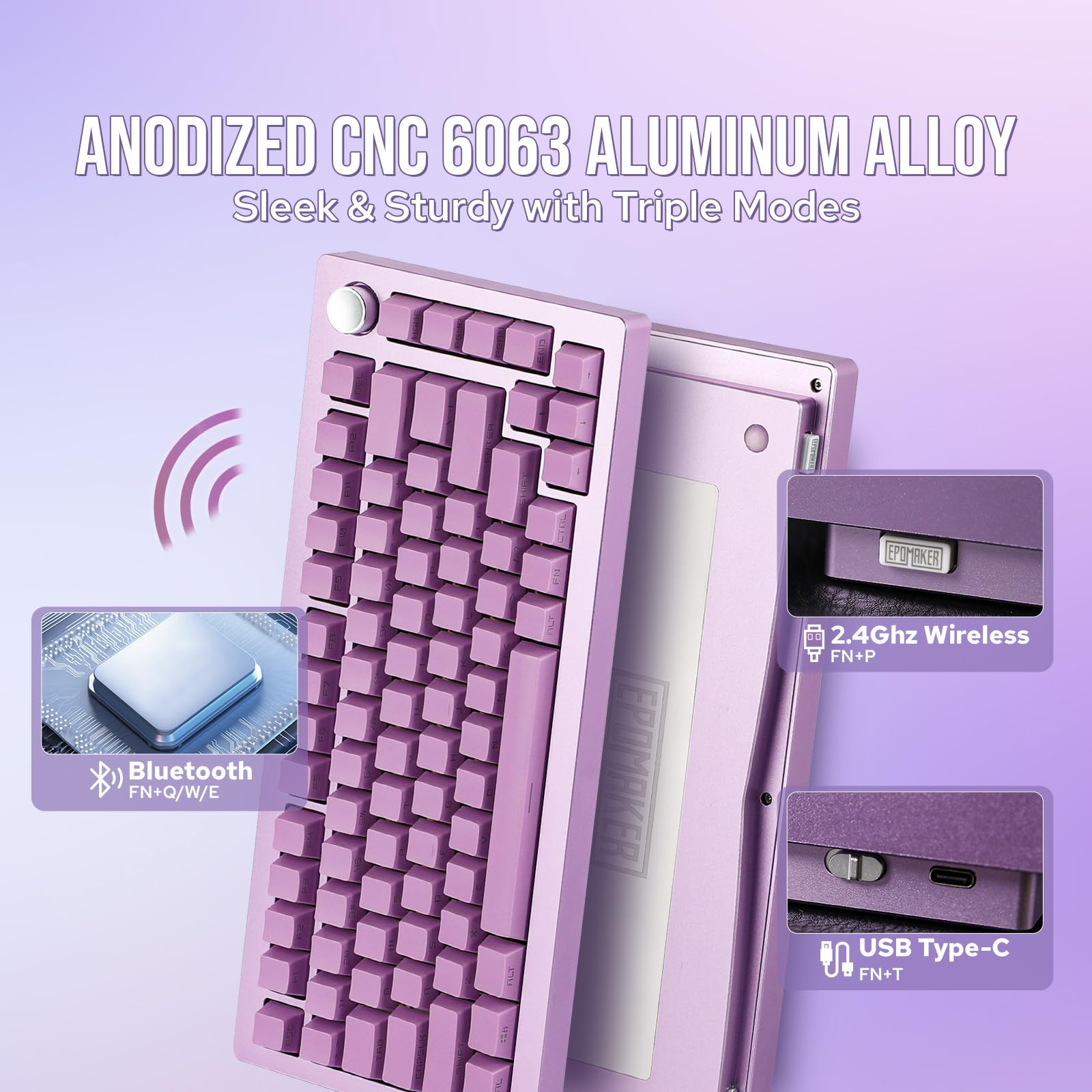 EPOMAKER Tide75 QMK/VIA Wireless Gaming Mechanical Keyboard - 75% Compact Aluminum Body, Hot-Swappable Lemon Switches, Bluetooth/2.4Ghz/USB-C Connectivity, Programmable FR4 Plate for Windows/Mac (Purple) - Perfect for Esports, Office Typing & Content Creation