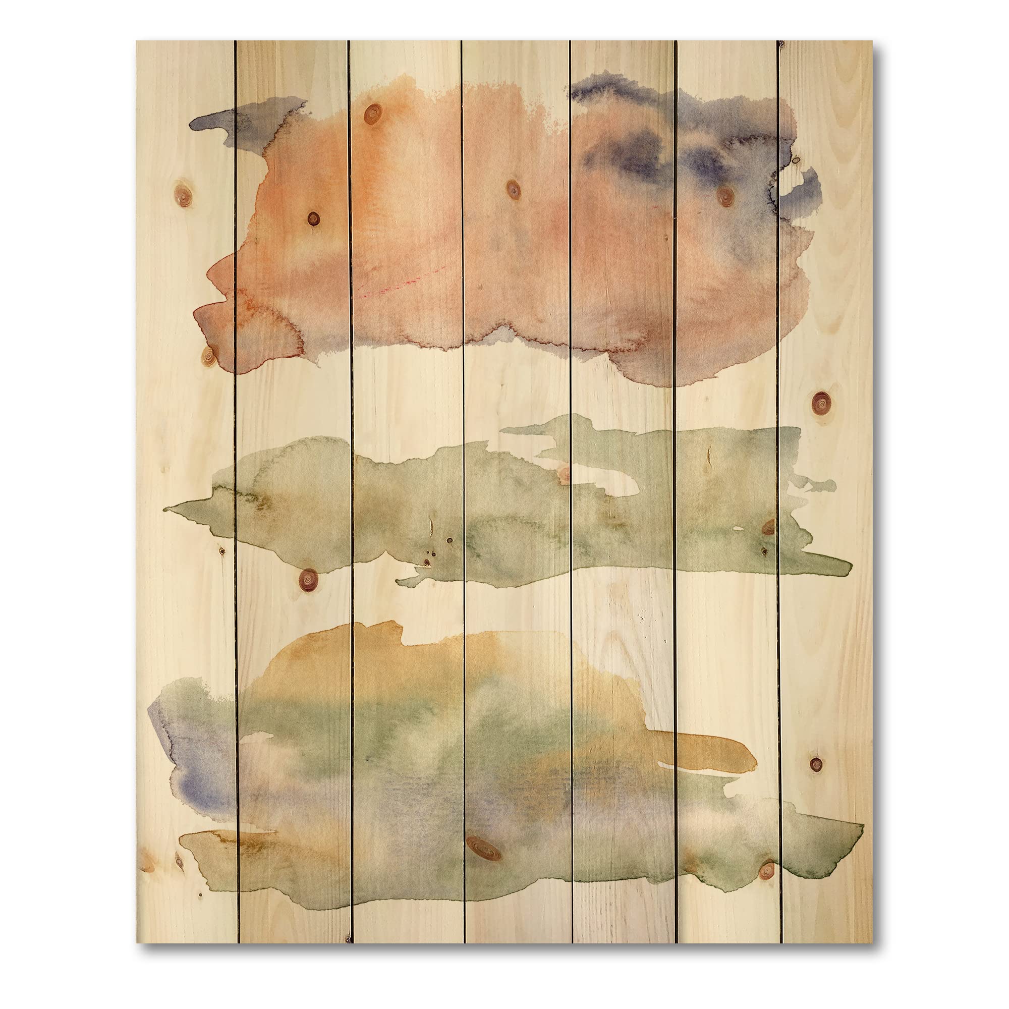 Abstract Wood Wall Art - Modern Orange Beige Blue Clouds Decor for Living Room
