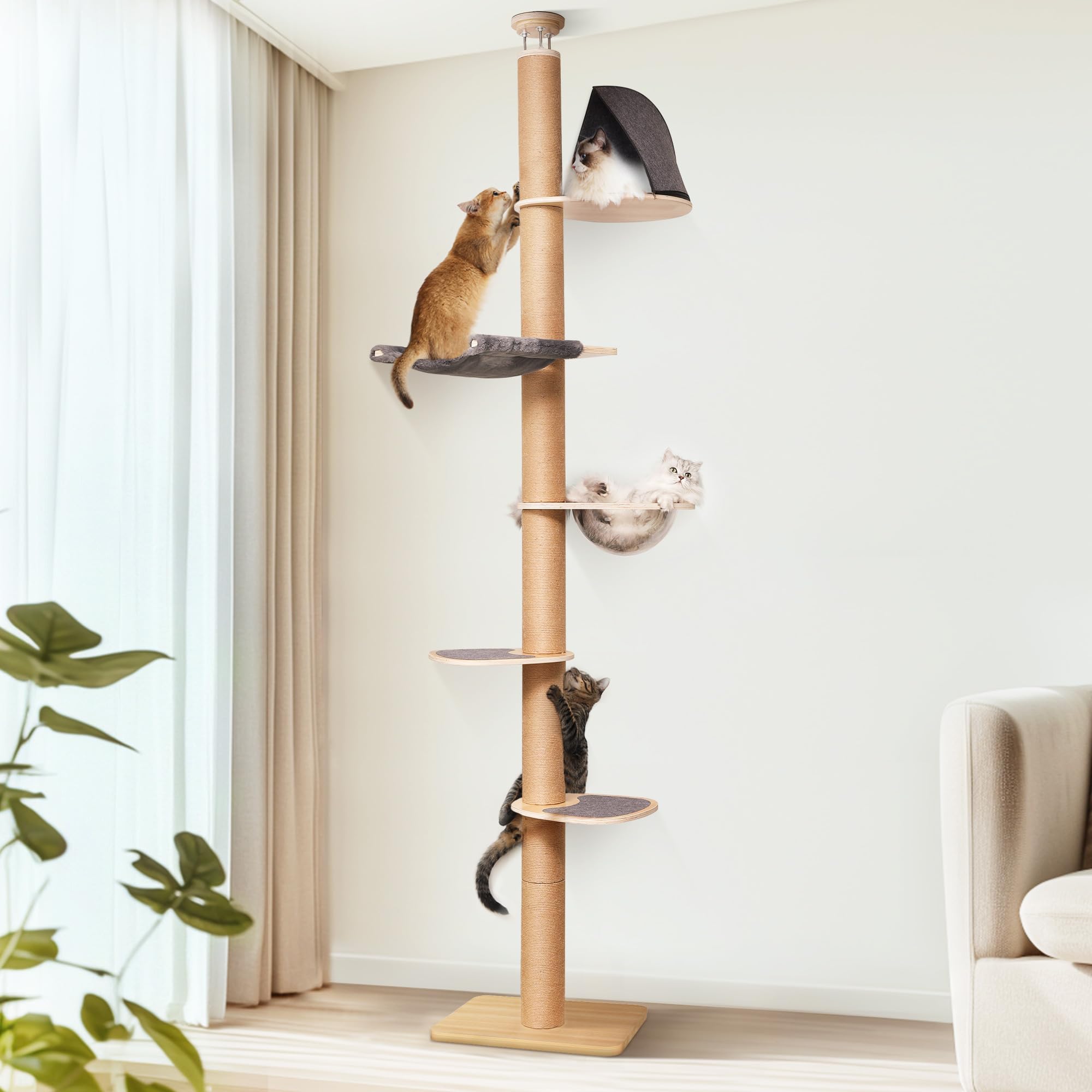 Premium 6-Level Adjustable Cat Tree Tower (5.7-9.8 ft) - Floor to Ceiling Climbing Structure with Thick Scratching Posts, Transparent Capsule & Plush Hammock - Perfect for Indoor Cat Play, Exercise & Relaxation in Apartments/Homes