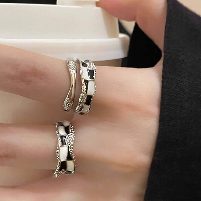 Black & White Checkerboard Layered Silver Ring for Women | JZ2517 | Elegant Stackable Jewelry for Everyday Wear & Special Occasions