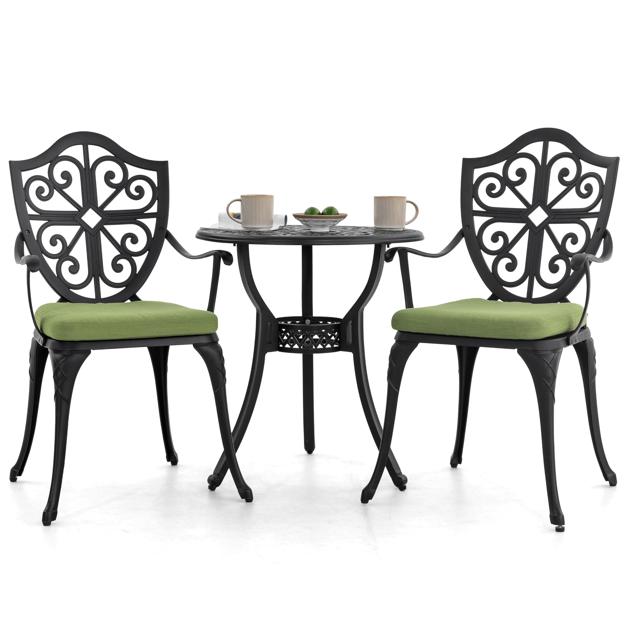 NUU GARDEN 3-Piece Outdoor Bistro Set - Cast Aluminum Patio Table & 2 Chairs with Umbrella Hole & Green Cushions - Black - Perfect for Backyard, Garden, Balcony & Small Outdoor Spaces