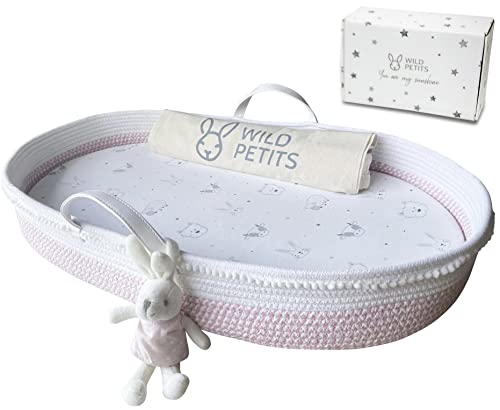 Premium Baby Moses Basket with Thick Foam Pad & Waterproof Cover - Organic Cotton Changing Pad with Storage Bag - Cute Animal Print for Nursery, Bedroom & Travel