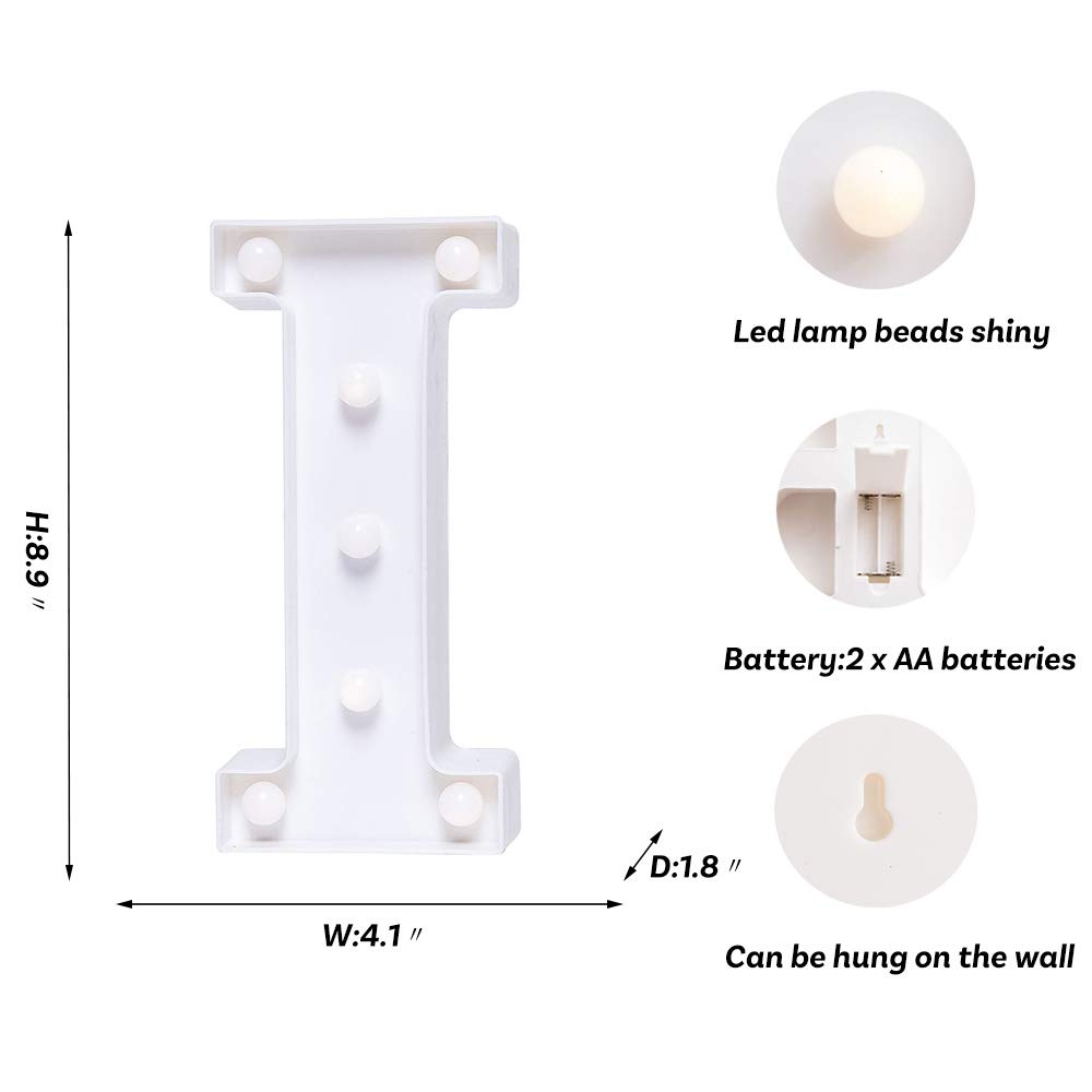 LED Letter Lights - Battery Powered Light Up Letters for Home Decor, Wedding, Birthday Party & Christmas (I) - Perfect for Night Lights, Bar Signs & Festive Decorations