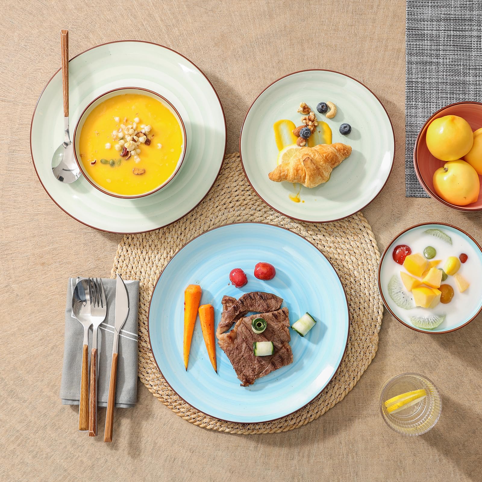 Selamica 16-Piece Ceramic Dinnerware Set for 4 - Black Dots & Gradient Color Plates & Bowls - Elegant Kitchen & Dining Tableware for Everyday Use, Dinner Parties & Special Occasions