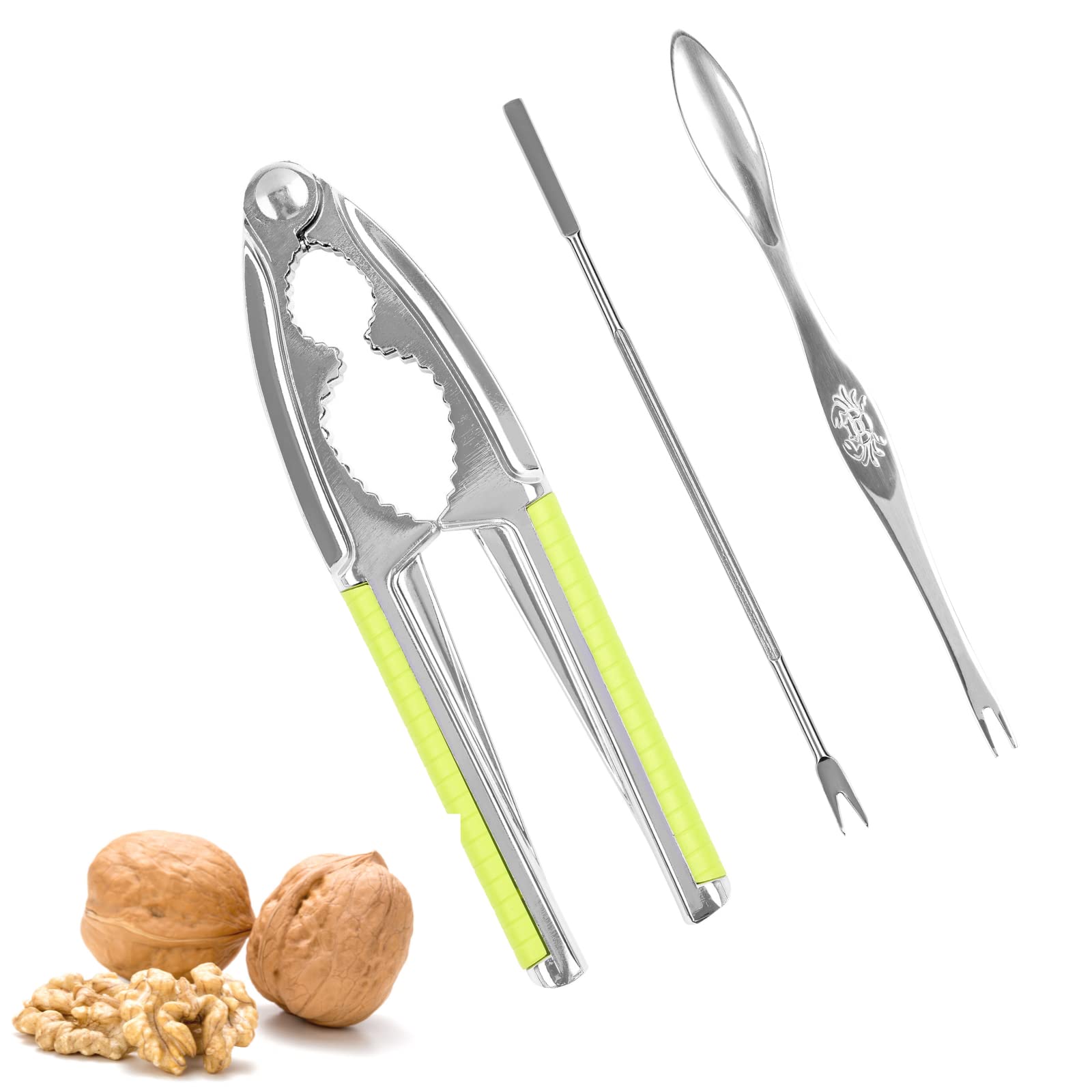 Heavy Duty Nut Cracker Tool with 2 Forks - Walnut Opener & Seafood Cracker with Non-Slip Green Handle - Perfect for Kitchen, Camping, and Holiday Gatherings