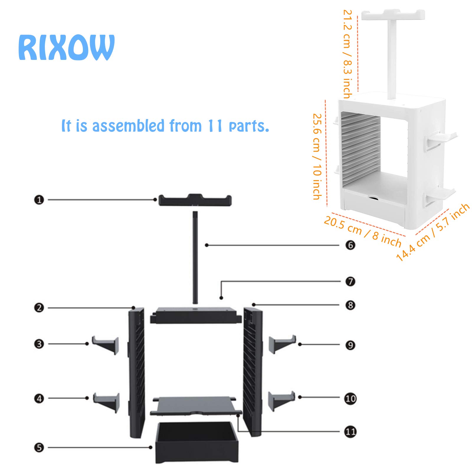 RIXOW PS5 Game Storage Stand - Holds 10 Games, 4 Controllers & 2 Headsets - Universal Organizer for PlayStation 5/PS4/Slim/Pro - Perfect for Gaming Setup & Media Storage