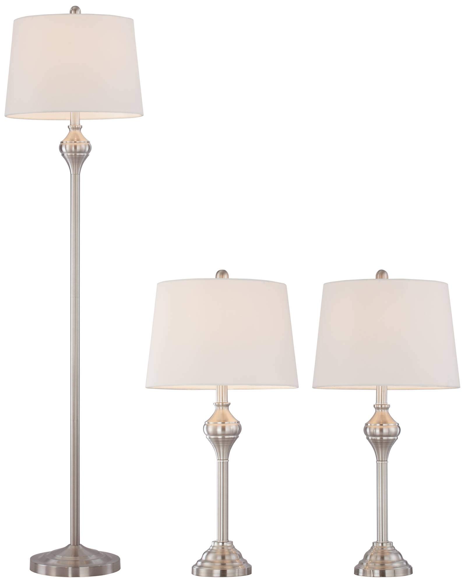 Barnes and Ivy Mason Traditional 3-Piece Table & Floor Lamp Set - Brushed Nickel Metal with White Drum Shade - Modern Lighting for Living Room, Bedroom, Home Office, Entryway - Perfect for Reading, Nightstand Decor & Family Gatherings