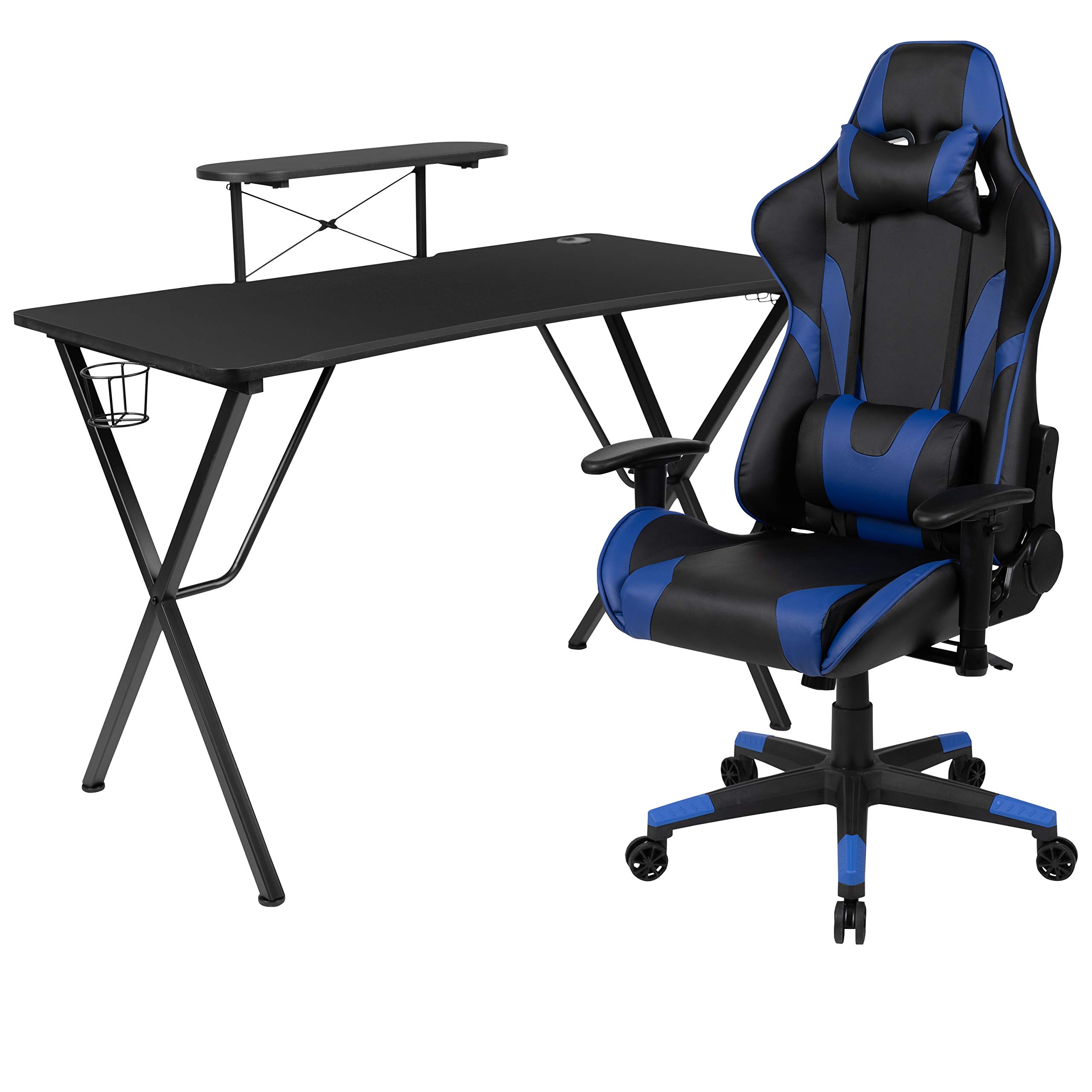 Flash Furniture Optis Black Gaming Desk & Blue Reclining Gaming Chair Set with Cup Holder, Headphone Hook, Monitor Stand - Ergonomic PC Gaming Setup for Home Office, Streaming & Esports