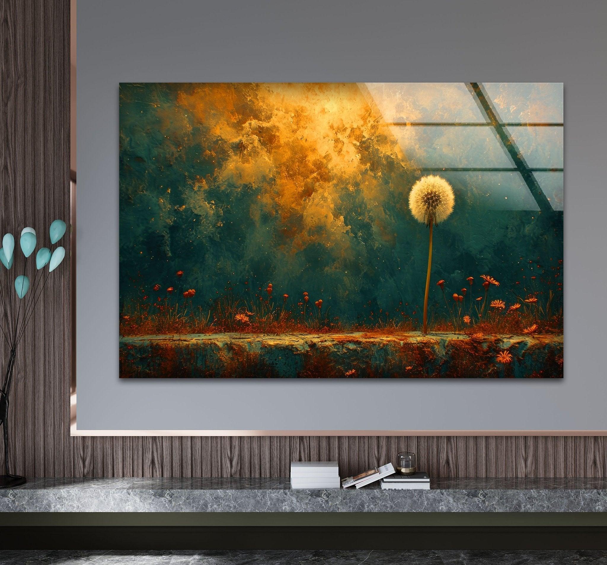 Abstract Dandelion Glass Wall Art - Handmade Modern Home Decor for Living Room, Bedroom & Office - Unique Glass Wall Hanging for Boho, Contemporary Interior Design