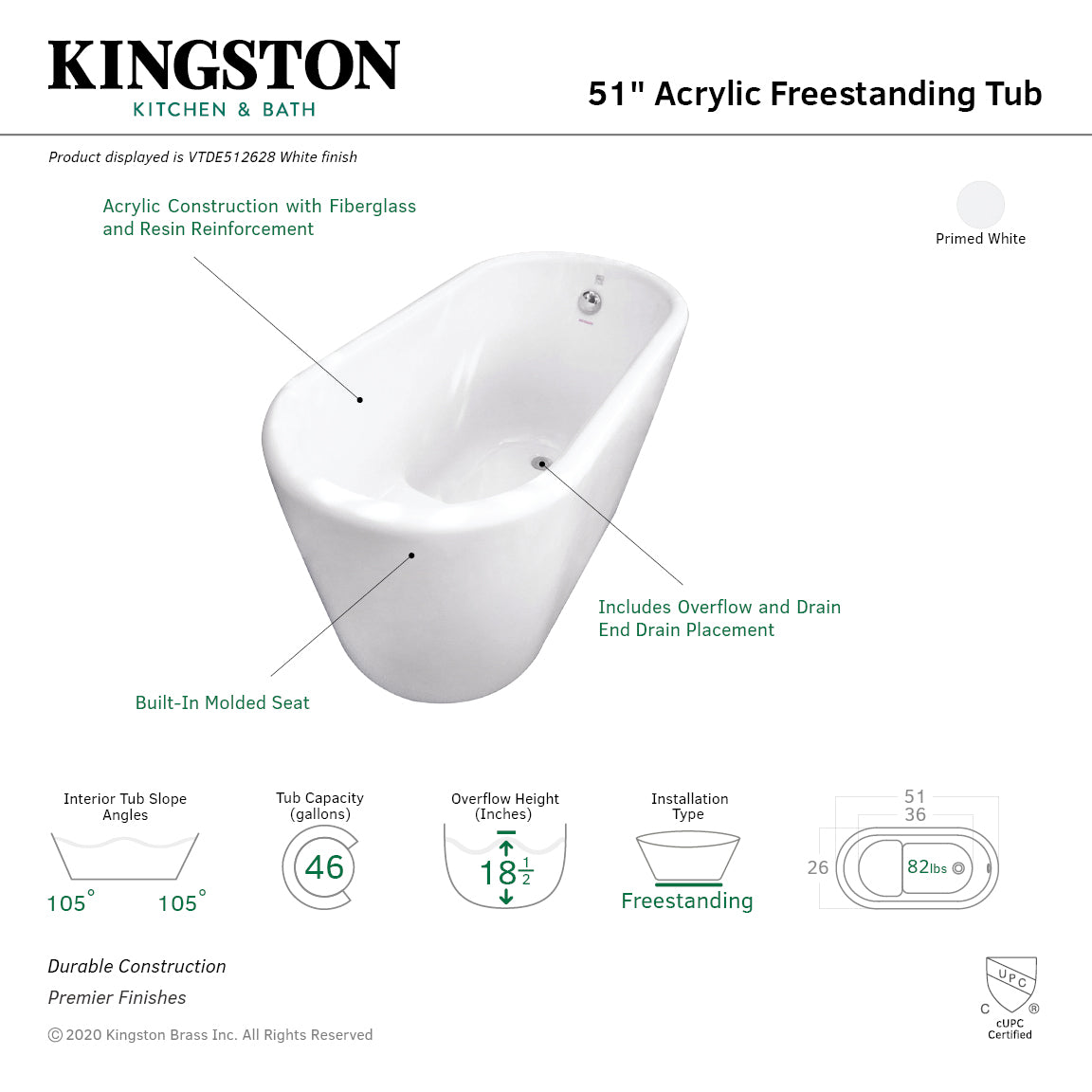 51 Inch White Acrylic Freestanding Bathtub with Built-in Seat - Perfect for Spa-Like Relaxation in Modern Bathrooms