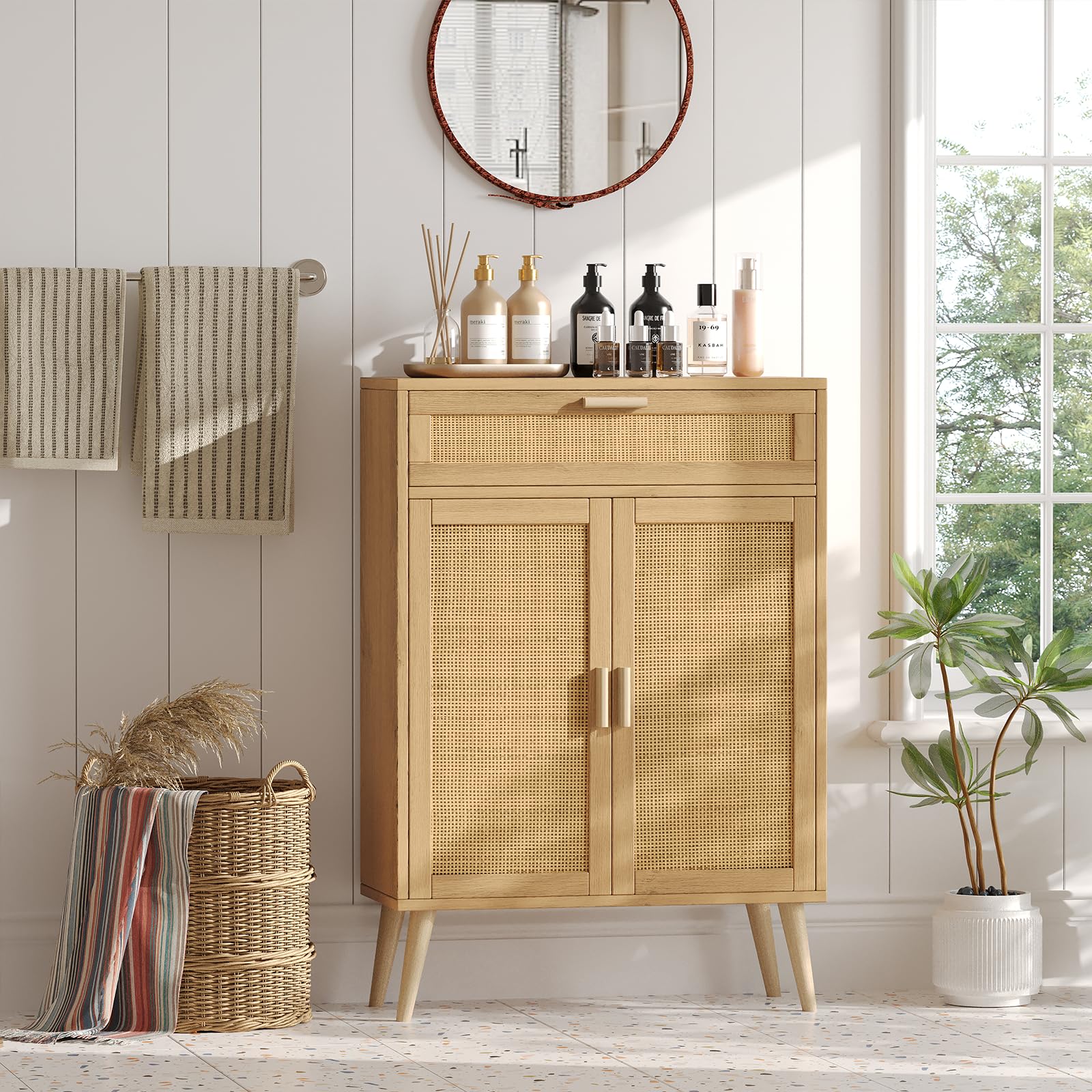 Rovaurx Natural Rattan Accent Floor Storage Cabinet with Large Drawer - Freestanding Bathroom Organizer Cabinet for Bedroom, Living Room & Home Decor (BMGZ107M)