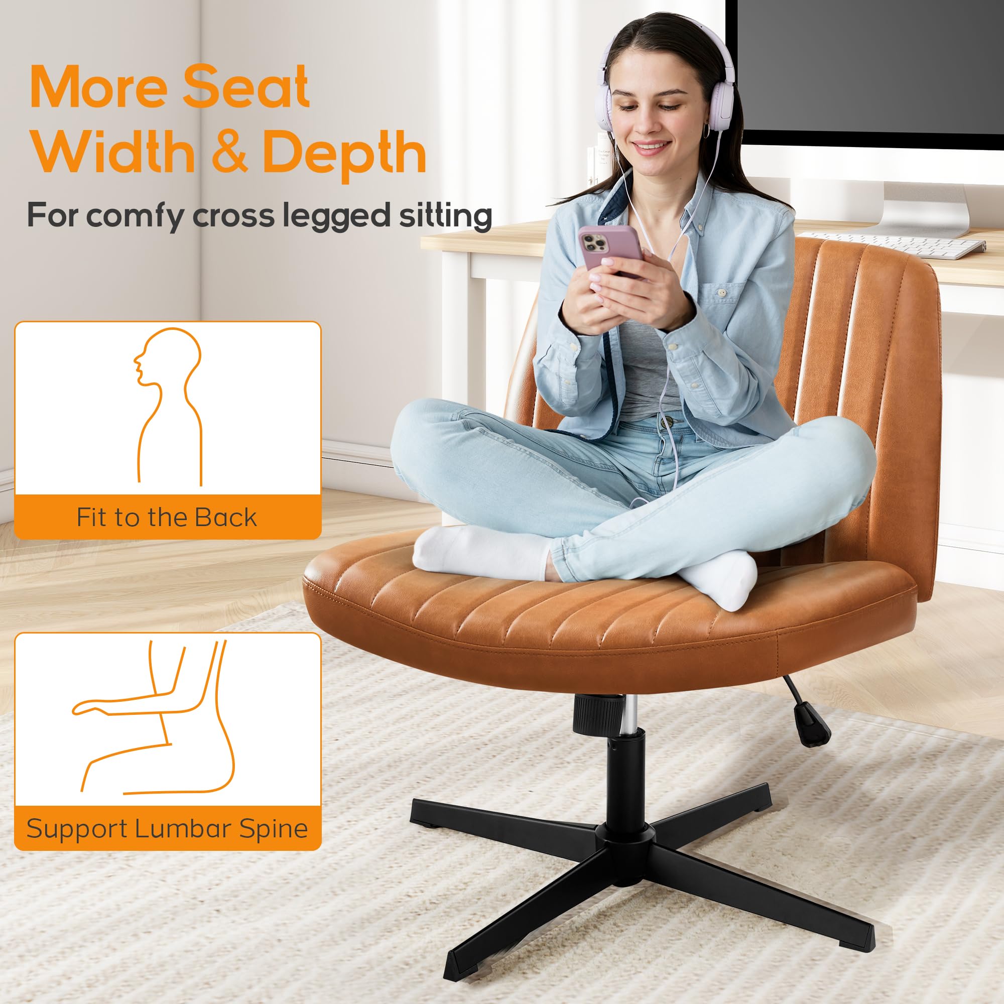DUMOS Criss Cross Chair - Armless Office Desk Chair with Adjustable Height, No Wheels, Comfortable Task Seating for Home & Office - Perfect for Computer Work, Vanity Desk, and Study Areas