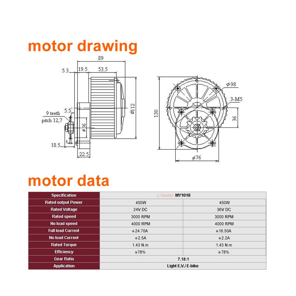 36V 450W Electric Bike Conversion Kit - MY1018 Brushless DC Motor for 24V/36V E-Bikes - Perfect for DIY E-Bicycle Upgrades & Commuting