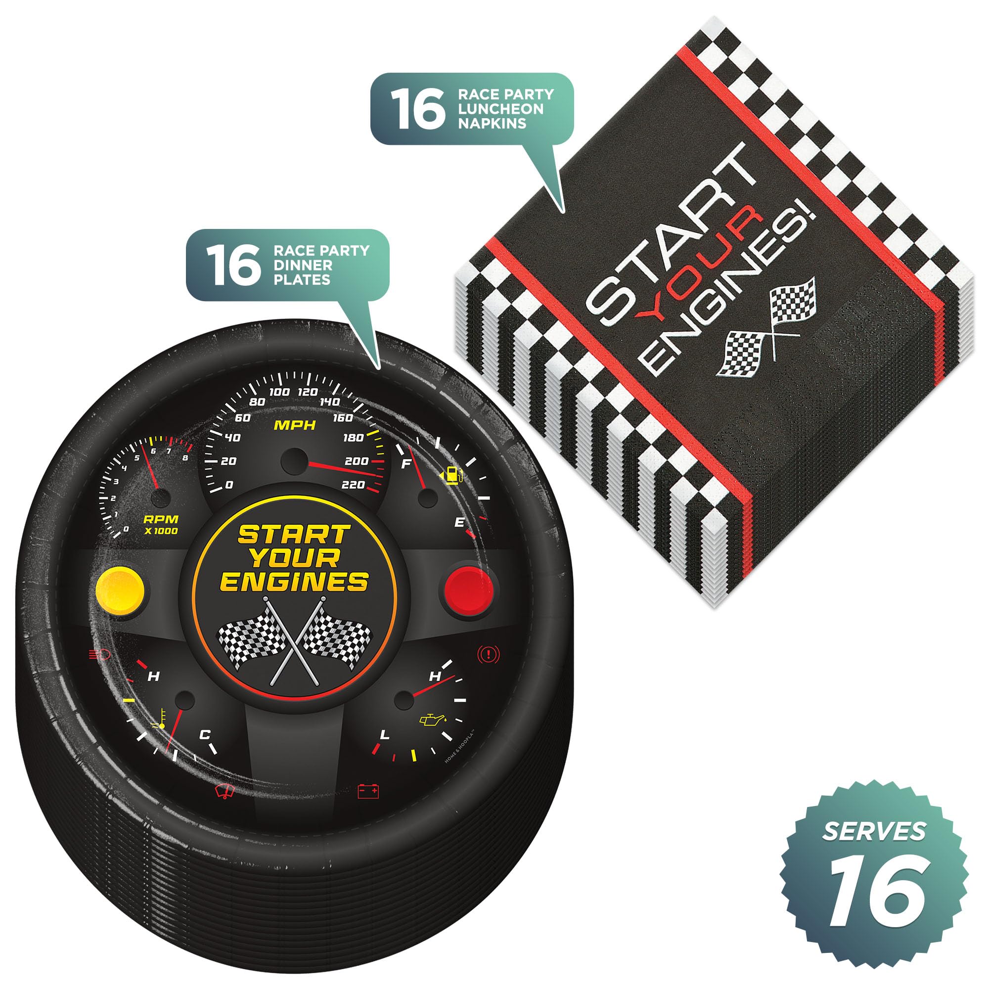 Race Car Party Supplies Set - 16 Racing Themed Paper Dinner Plates & Checkered Lunch Napkins for Kids Birthday, Baby Shower & Themed Events | HOME & HOOPLA