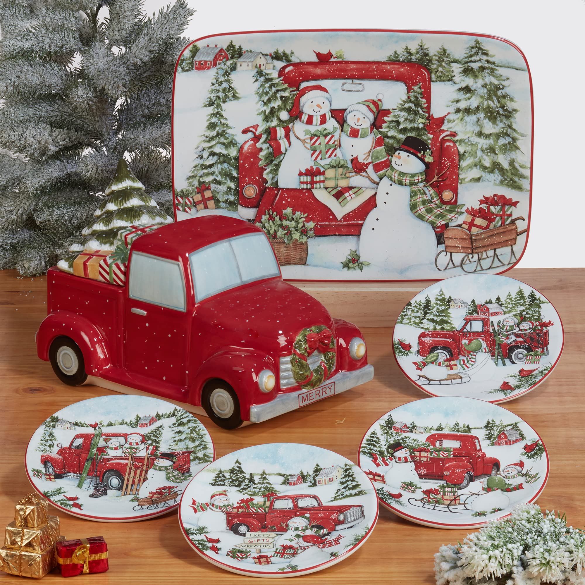 Certified International Red Truck Snowman 6-Inch Canape Plates - Set of 4 Small Multicolor Holiday Dessert Plates for Christmas Party, Luncheon, and Festive Gatherings