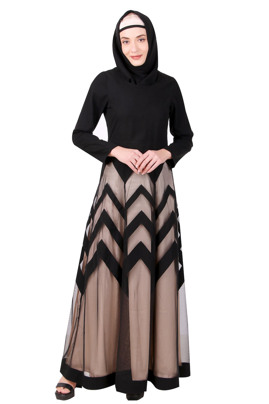 Elegant Designer Zig Zag Pattern Nida & Net Abaya - Modest Islamic Dress for Women - Perfect for Prayer, Eid, and Special Occasions