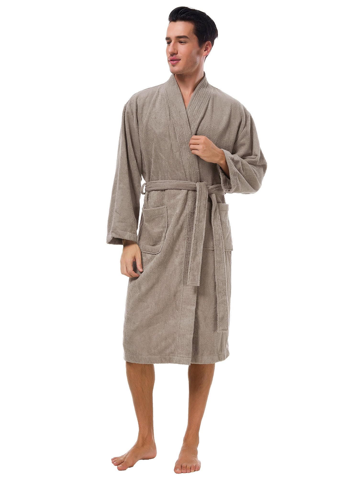 SIORO Men's Terry Cloth Kimono Bathrobe - Soft Cotton Calf-Length Shower Robe for Spa, Hotel & Hot Tub | Cozy Housecoat for Relaxation at Home or After Shower