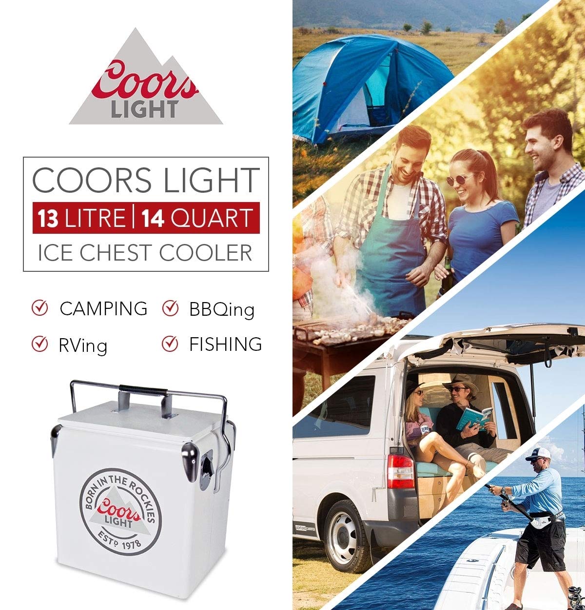 Coors Light Retro Ice Chest Cooler 13L (14 qt) - 18 Can Capacity, White & Silver Vintage Style Cooler with Bottle Opener | Perfect for Camping, Beach, Picnics, RV Trips, BBQs, Tailgating & Fishing Parties