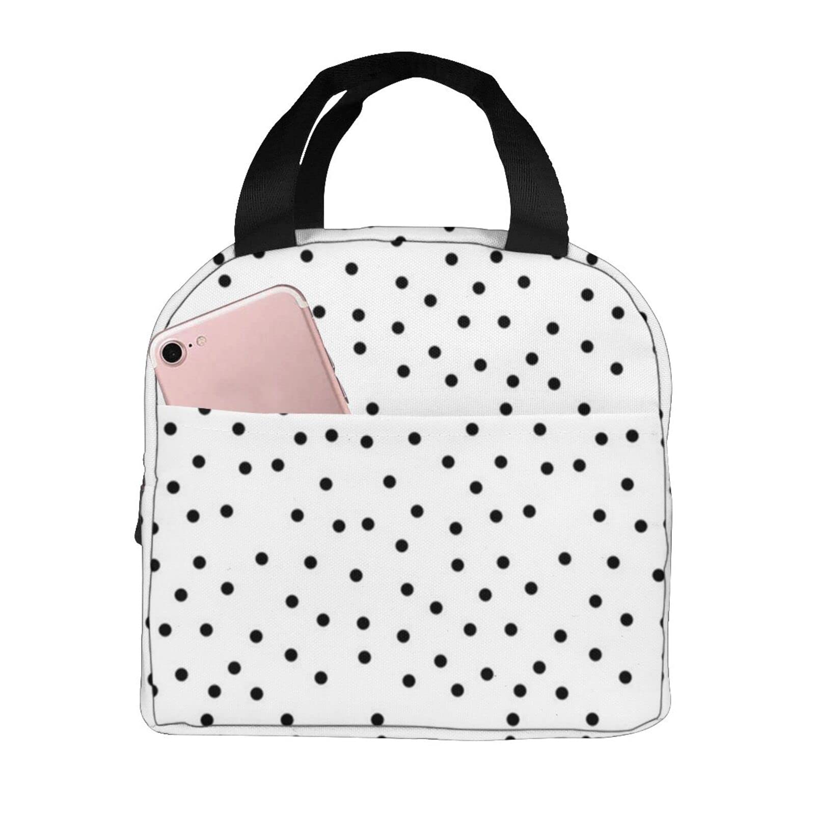 NA Polka Dot Black on White Insulated Lunch Box - Reusable Meal Bag for Kids, Men & Women - Perfect for Work, School, Travel & Picnics - Food Container & Snack Bag
