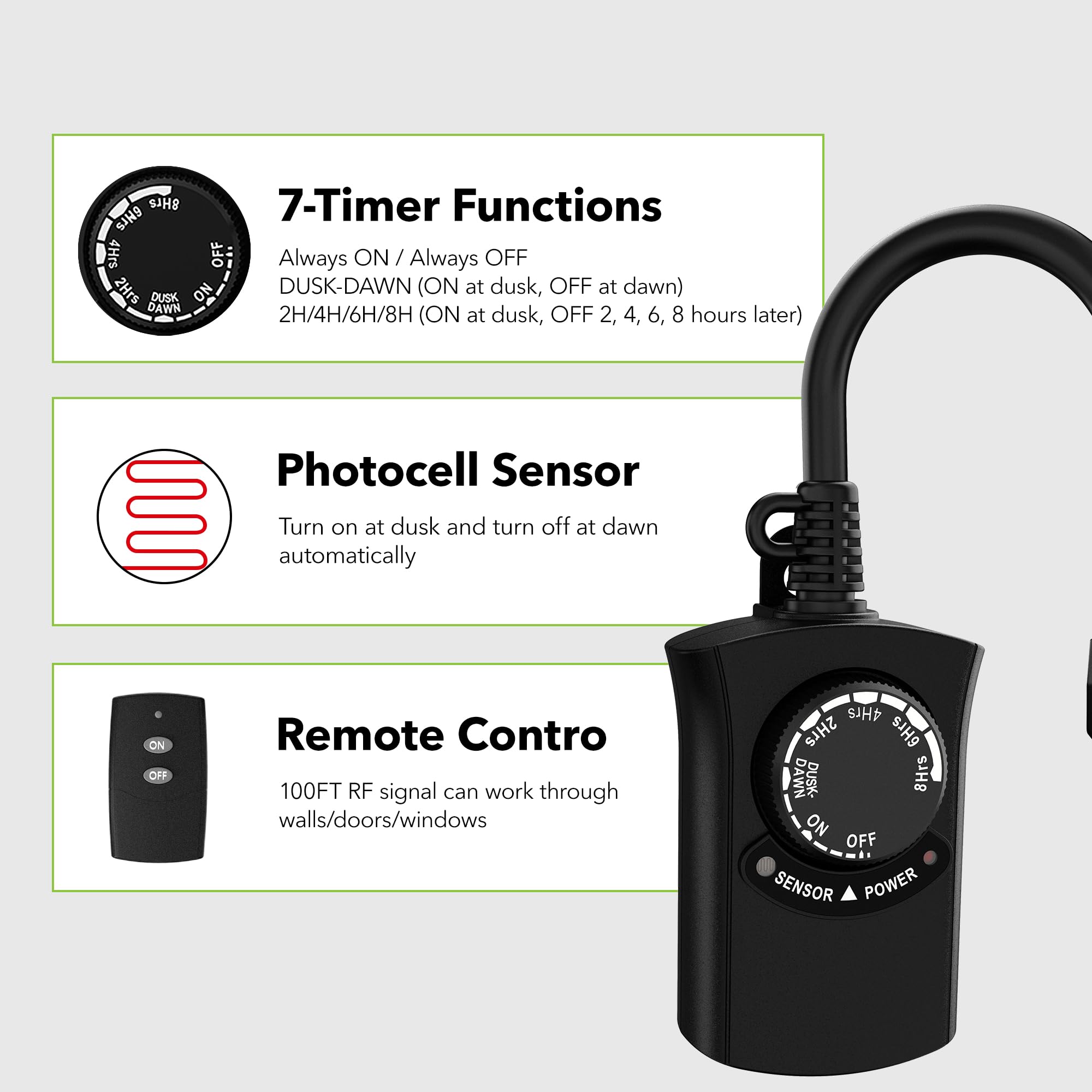 HBN Outdoor Light Timer Waterproof - Weatherproof Photocell Dusk to Dawn Sensor with Remote Control, 2/4/6/8 Hour Countdown Timer, 15A 1875W 1/2HP Outlet for Christmas Lights, Landscape Lighting & Holiday Decorations