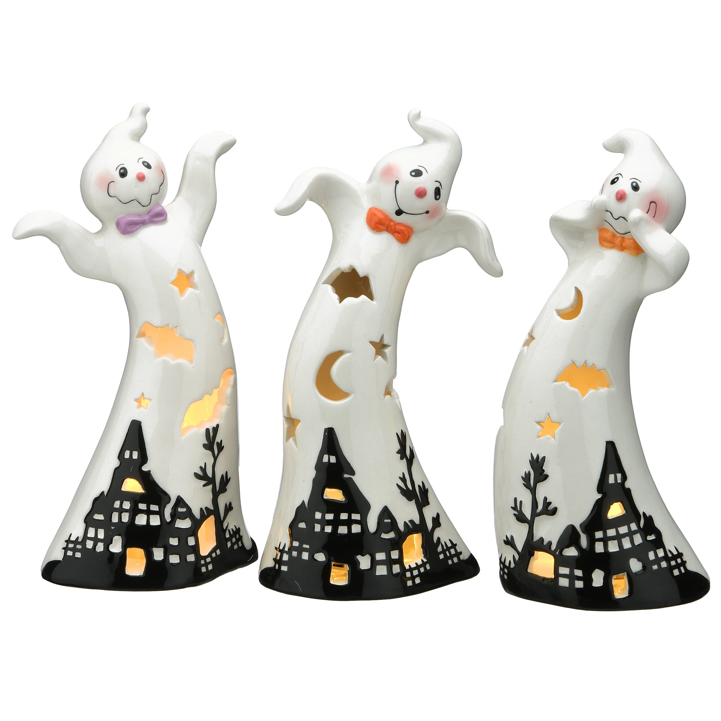 7 Inch 3-Piece Halloween Dancing Ghosts Ceramic Decor with LED Lights - Spooky Party, Home & Yard Decoration for Halloween Night