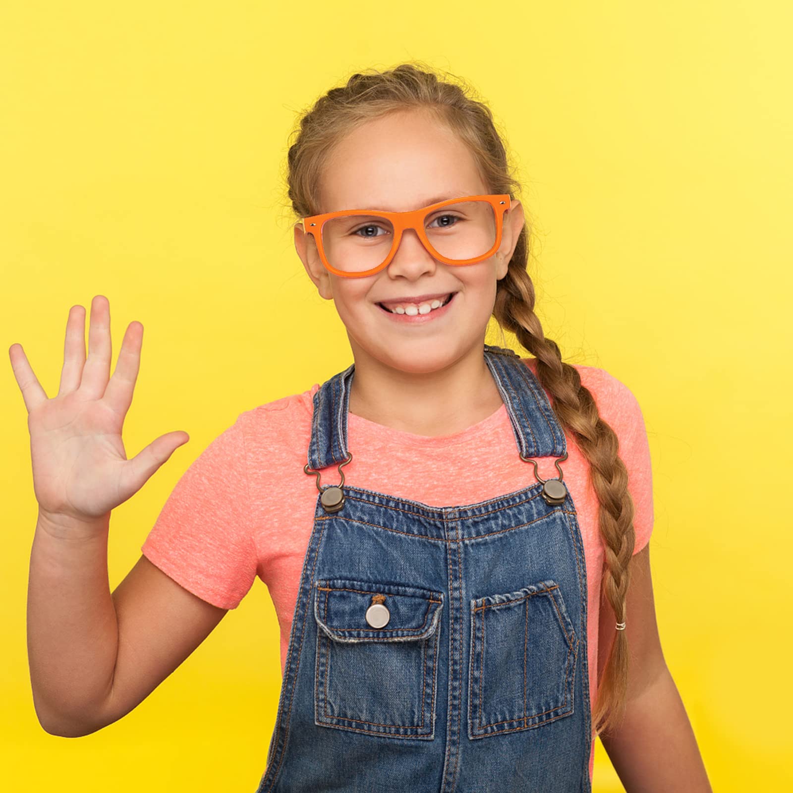 12 Pack Kids Orange Pretend Play Glasses - Bulk No Lens Fake Eyewear for Boys & Girls Birthday Party Favors, Costume Accessories, Dress Up and Role Play Fun