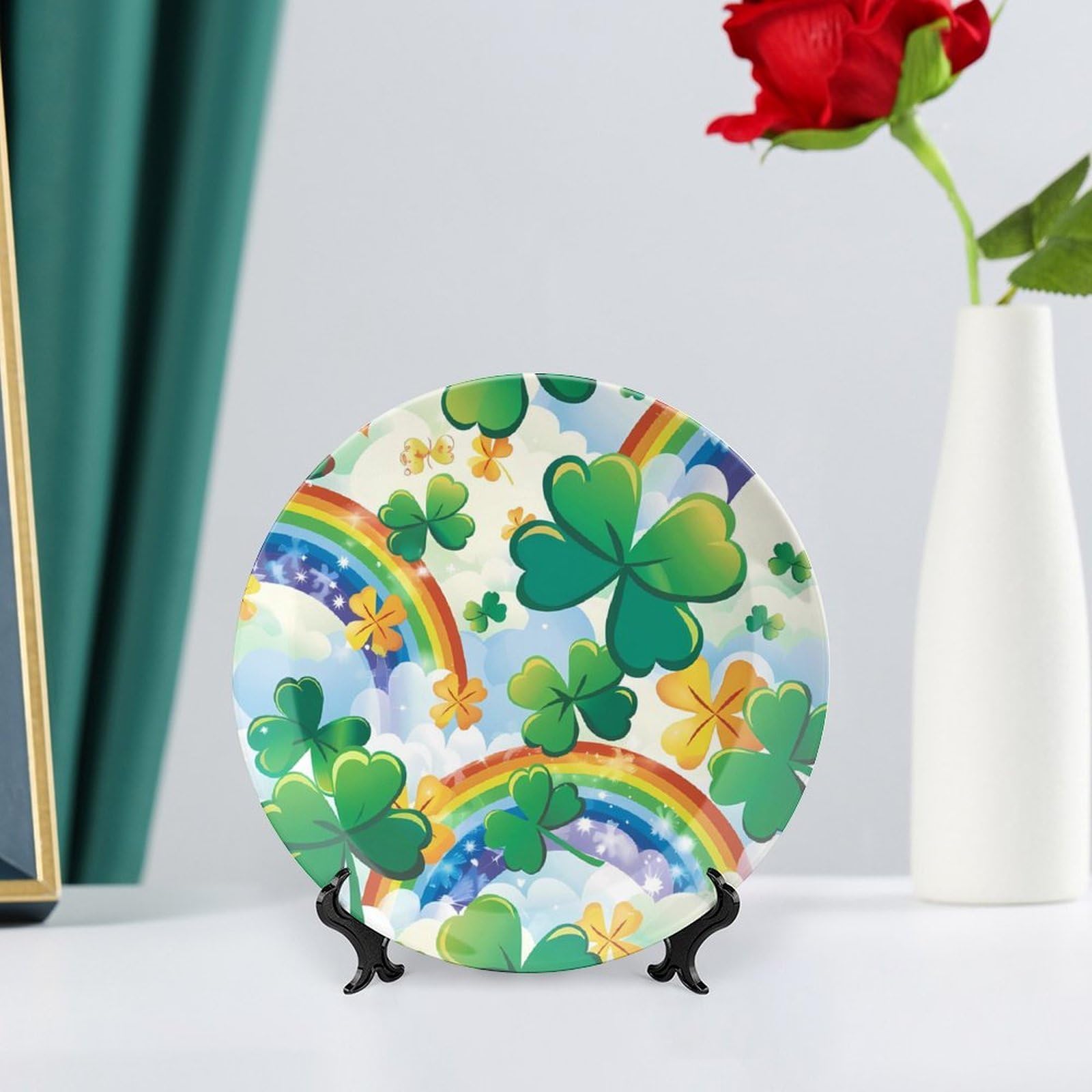 St. Patrick's Day Shamrock Clover Rainbow Ceramic Decorative Plates - 4-Piece Set with Stand for Kitchen, Dining Room & Home Decor - Perfect for Irish Themed Parties, Holiday Display & Festive Table Settings