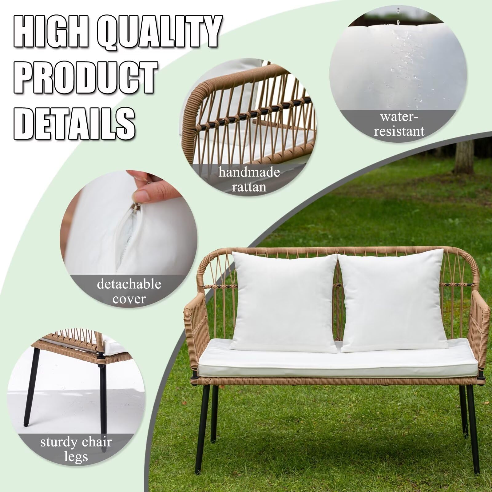 Homsido 41'' Outdoor Patio Loveseat - Boho Rattan Woven 2-Seat Wicker Sofa Chair for Garden, Balcony, Poolside or Backyard - Perfect for Relaxing, Sunbathing and Outdoor Conversations