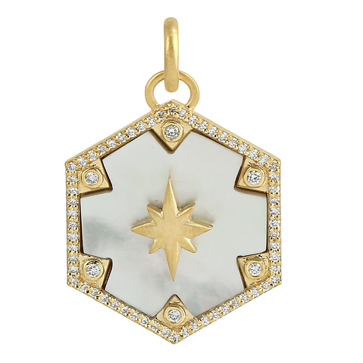 14K Yellow Gold MOP Pave Diamond Shooting Star Hexagon Pendant Necklace - Elegant Jewelry Gift for Women, Perfect for Anniversaries, Birthdays & Special Occasions