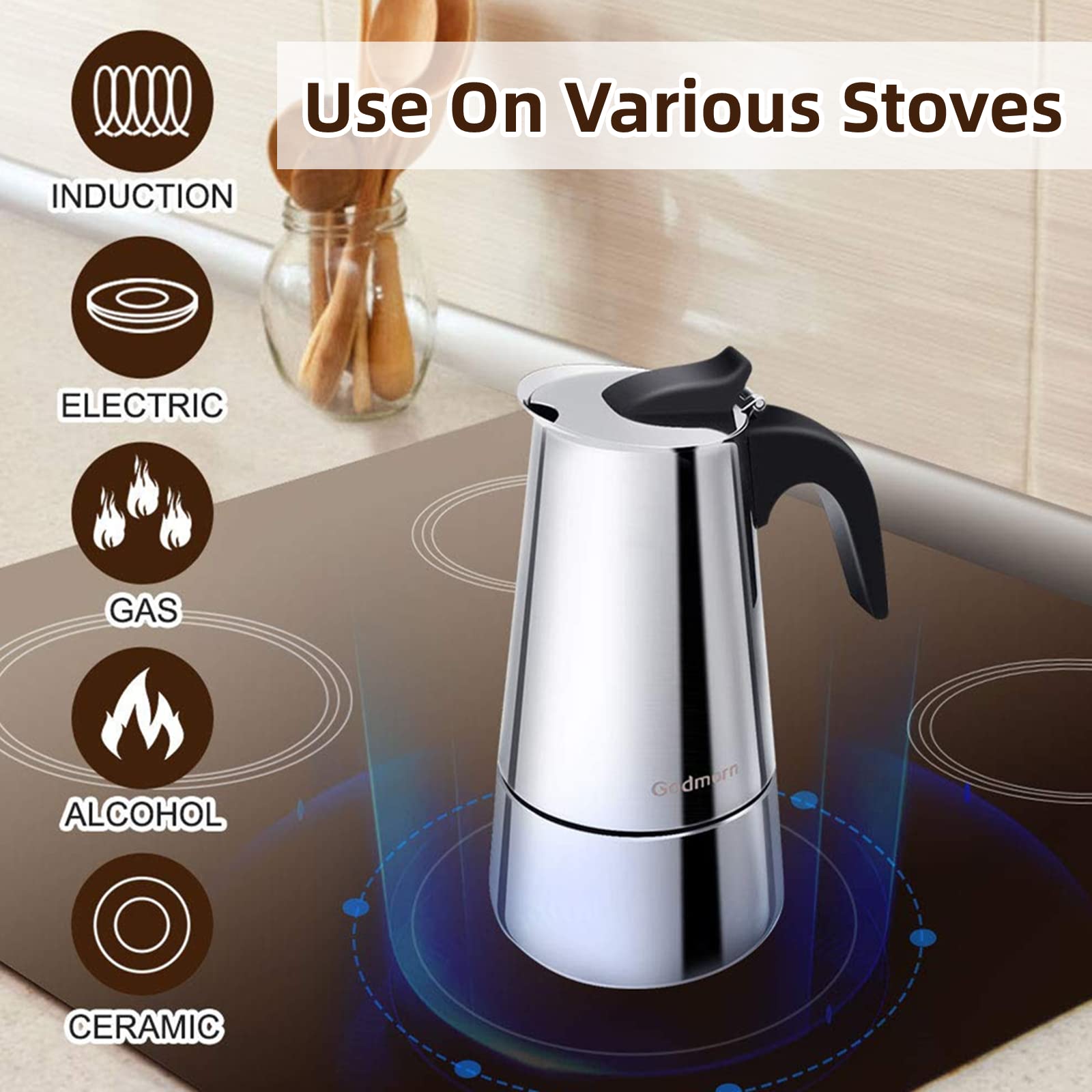 Godmorn 15oz Stovetop Espresso Maker - Italian Moka Pot Coffee Maker for Induction Cooktops, 450ml Stainless Steel Percolator (9 Cup Capacity) - Perfect for Home Brewing, Camping & Office Use