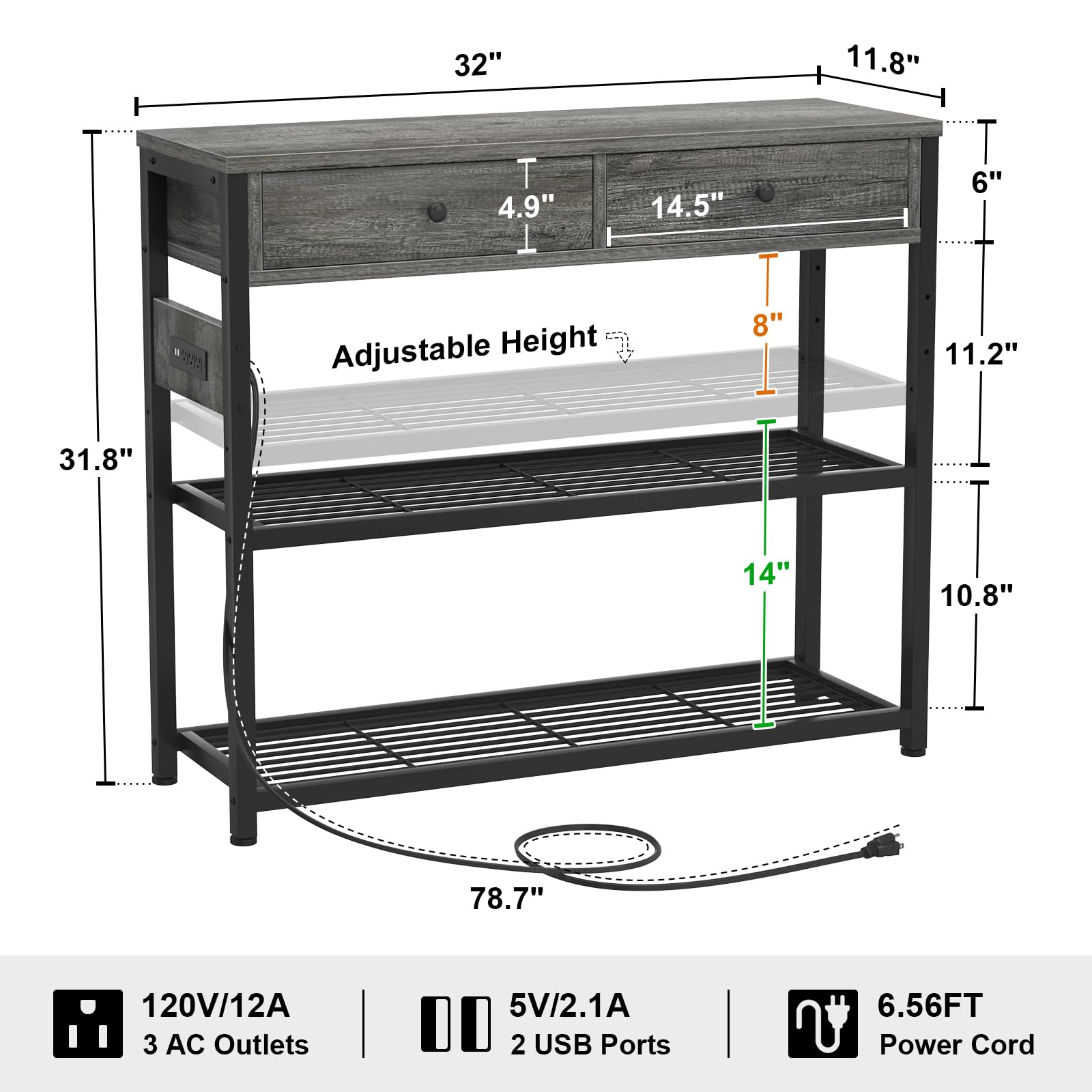 Grey Oak Console Table with Outlets & USB - 32