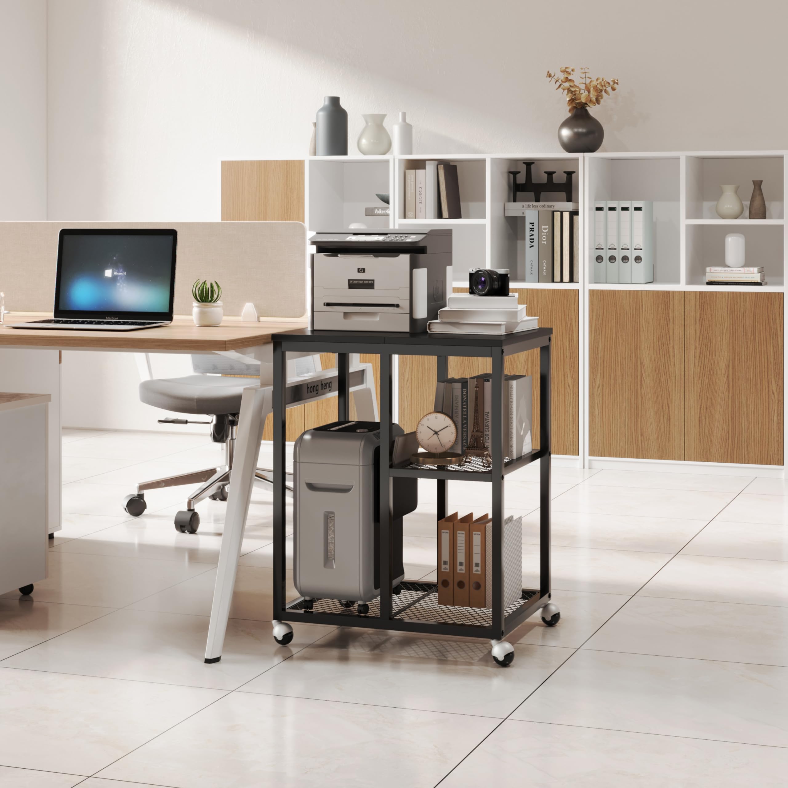 JOIN IRON Printer Stand with Storage Shelf - Mobile Computer Trolley with Wheels, CPU Rack & Office Cart for Home Office Organization | Ideal for Printer Table, Utility Carts & Lateral File Storage (Brown/Black) | Perfect for Small Spaces & Workspace Organization